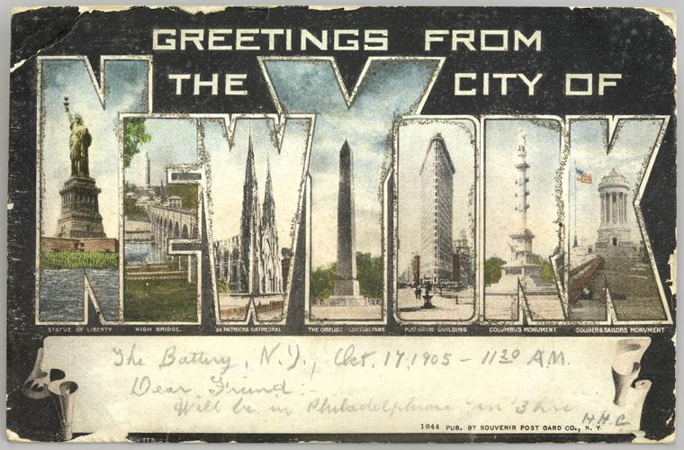 1905 postcard depicting New York City landscapes within the block font of the "New York" lettering
