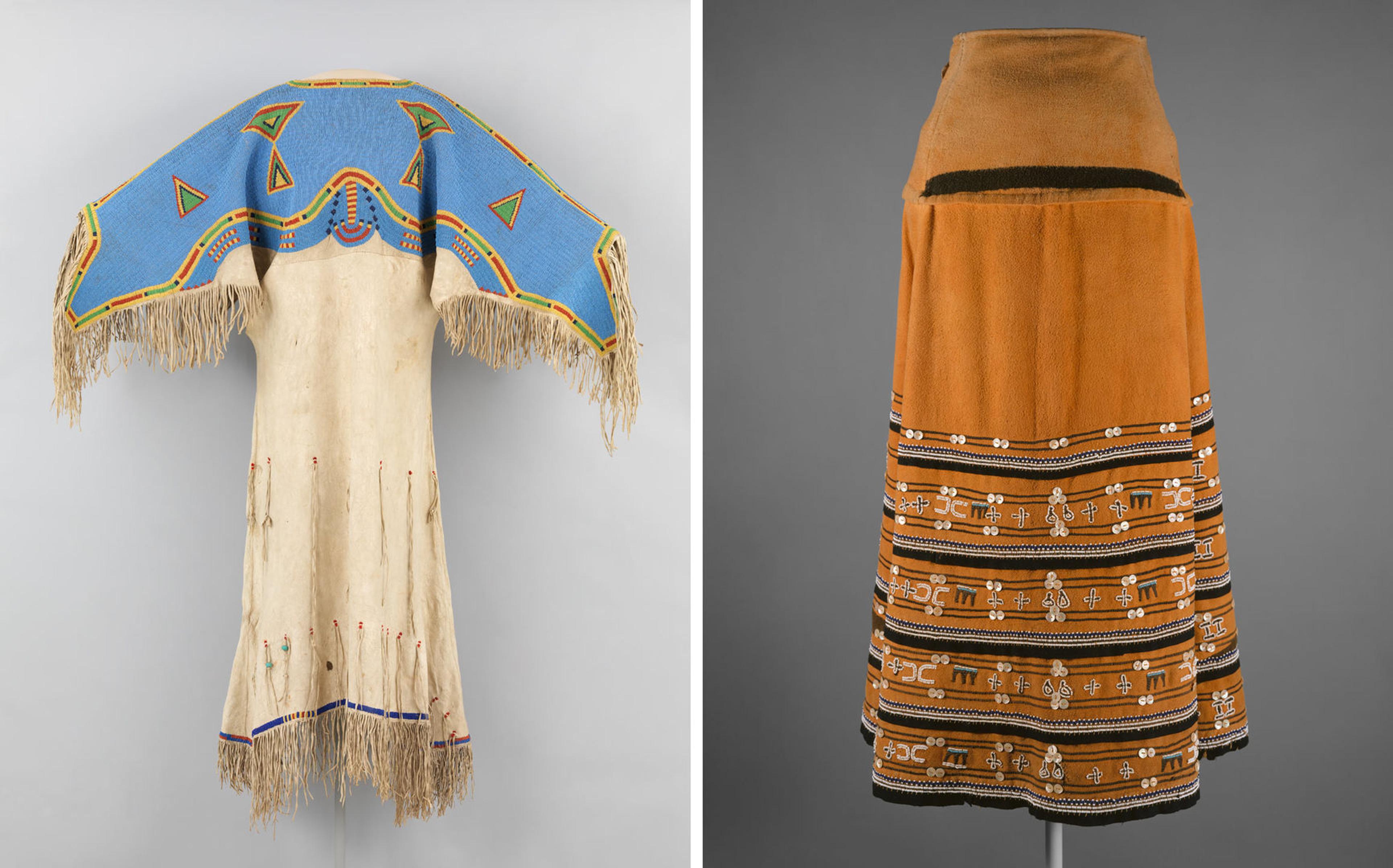 At left, a woman's dress made by Sioux artisans in the late nineteenth century; at right, a twentieth-century skirt made by the Xhosa or Mfengu peoples of South Africa
