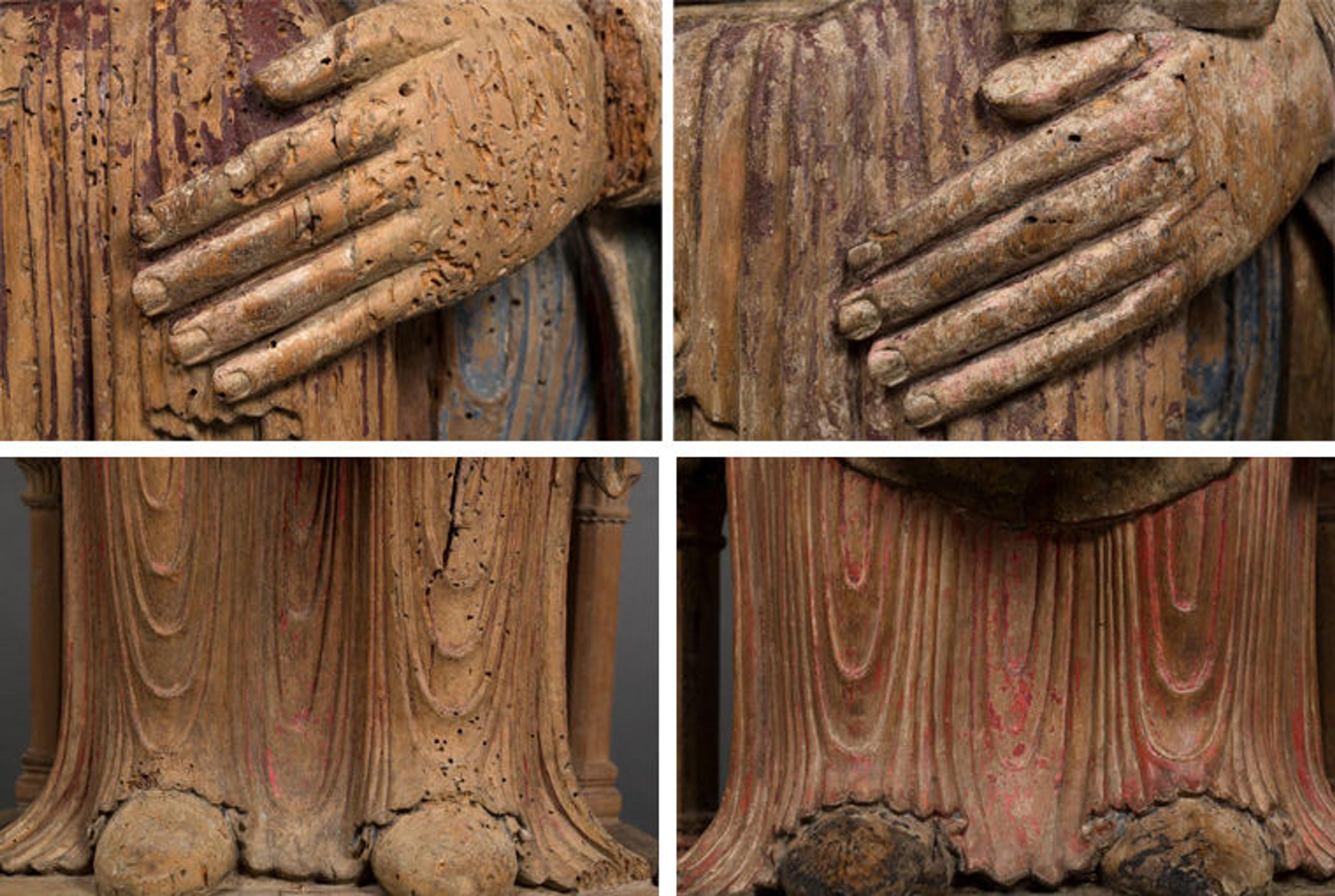 Detail views of two twelfth-century sculptures of the Virgin, here showing close-up views of the Virgins' hands and the folds of their garments