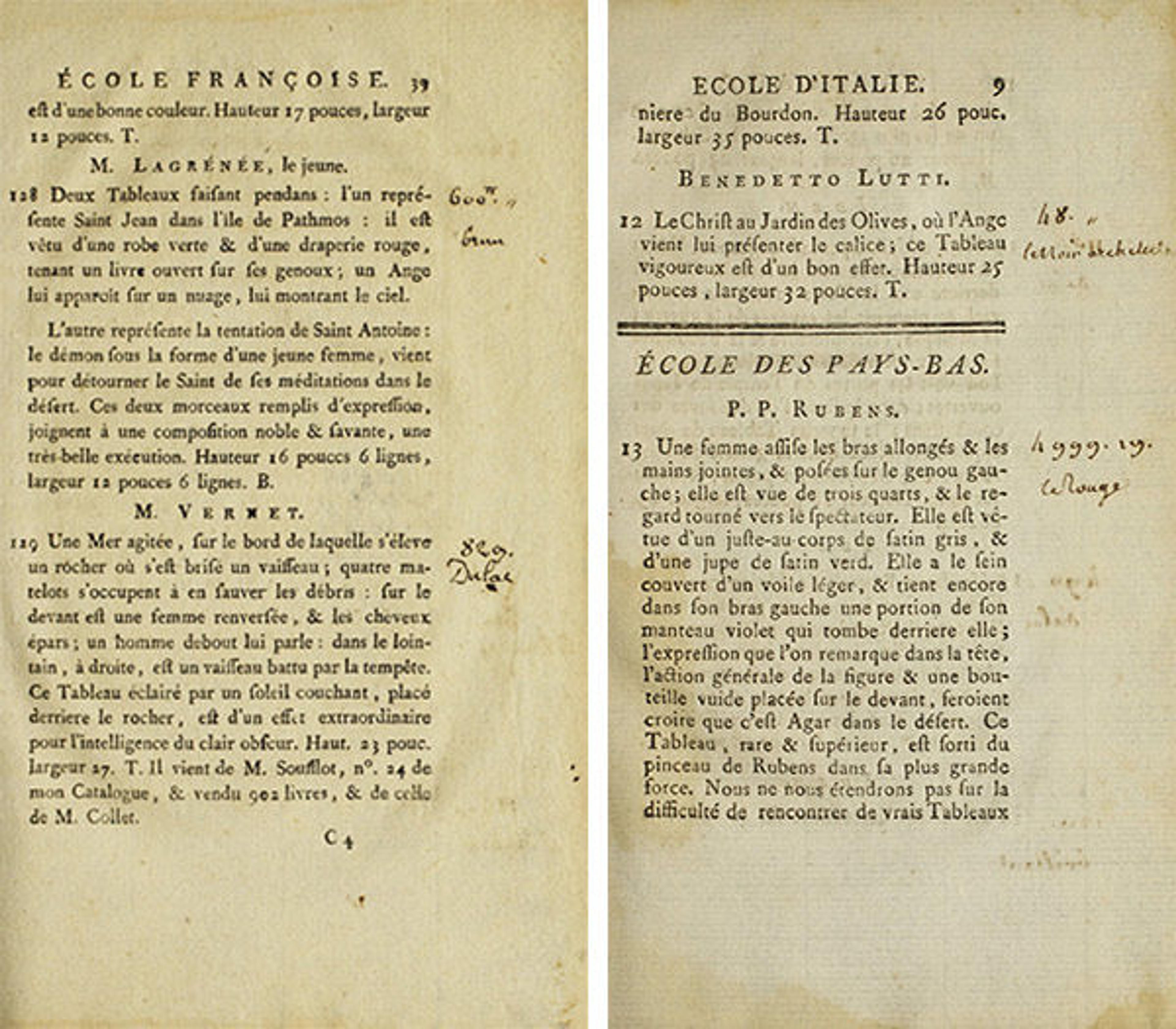 Left: Chez M. Le Brun, Paris. Catalogue de Tableaux, des Écoles d'Italie, de Flandres, de Hollande et de France … February 18, 1788, p. 39; Right: Hôtel de Bullion, Paris. Catalogue d'une Trés-Belle Collection de Tableaux des Écoles d'Italie, de Hollande & de France ... March 12, 1782, p. 9