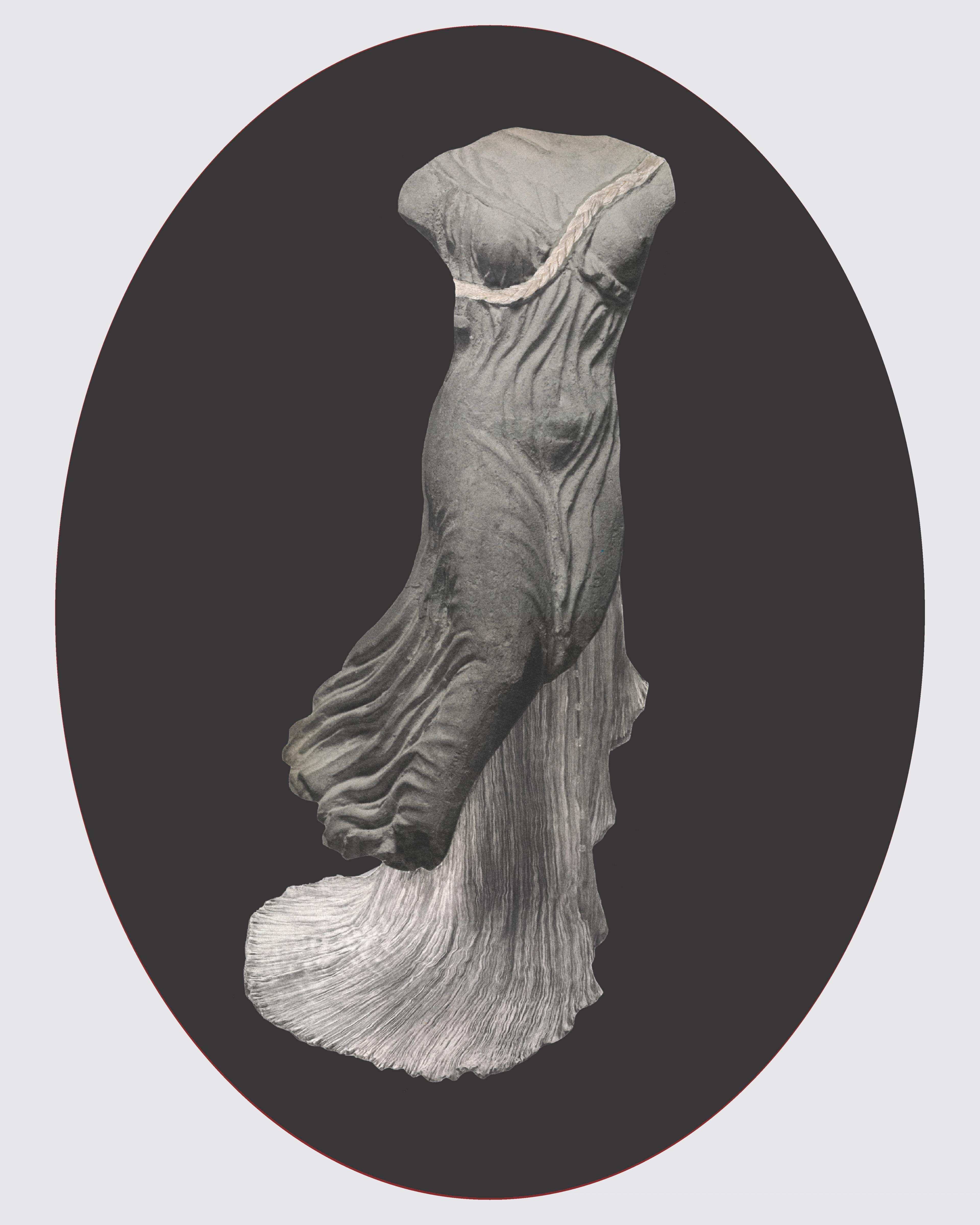 Collage of Greek and Roman sculpture on top of floor-length gown