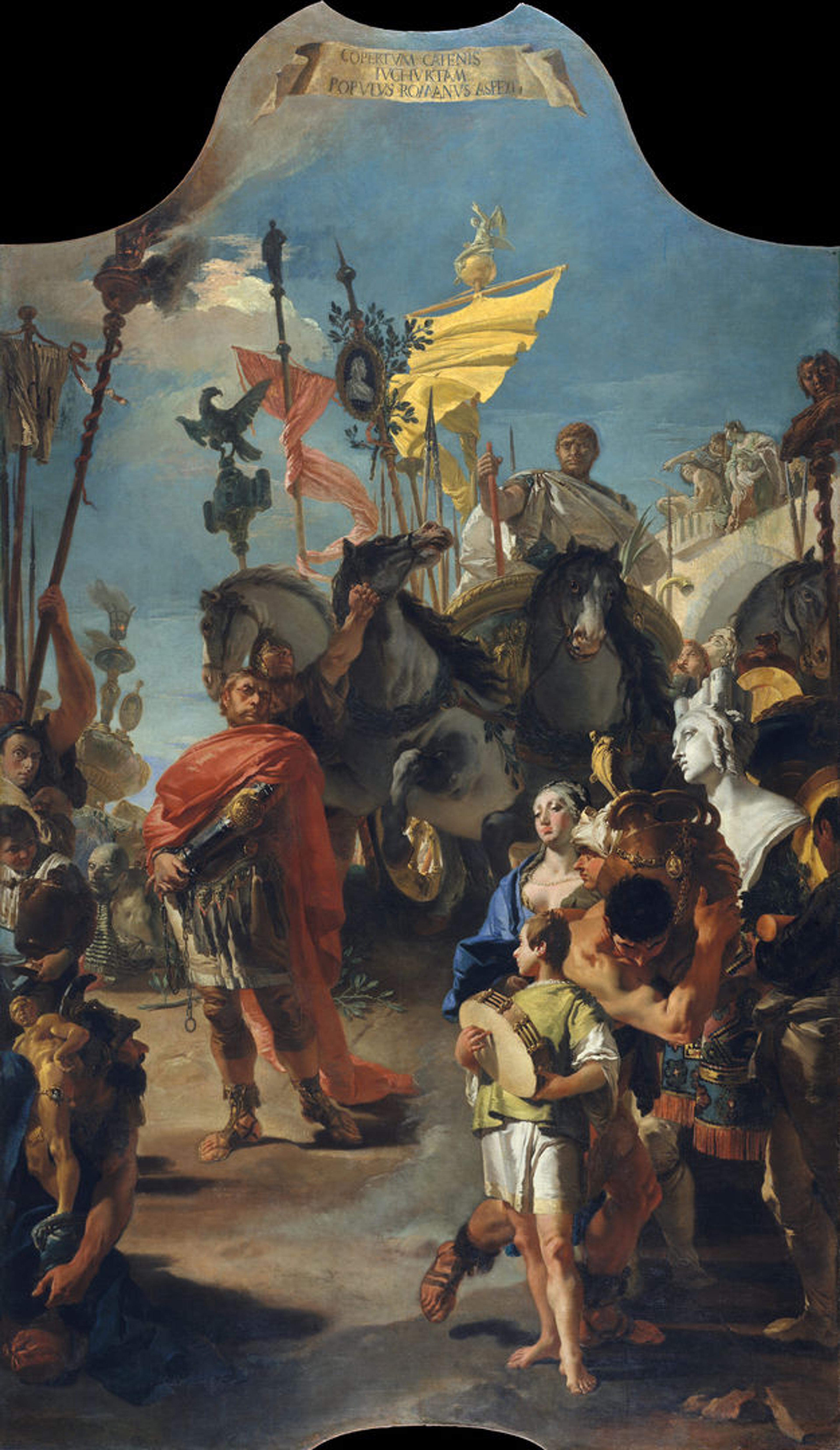 Tiepolo's The Triumph of Marius. Marius, posing dramatically with a red cape draped over his shoulders and back, appears to lead a parade featuring Jugurtha atop a horse. Onlookers, some carrying loot, create a jumbled, colorful scene.