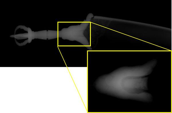 X-radiographic detail of blade-tang attachment within hilt