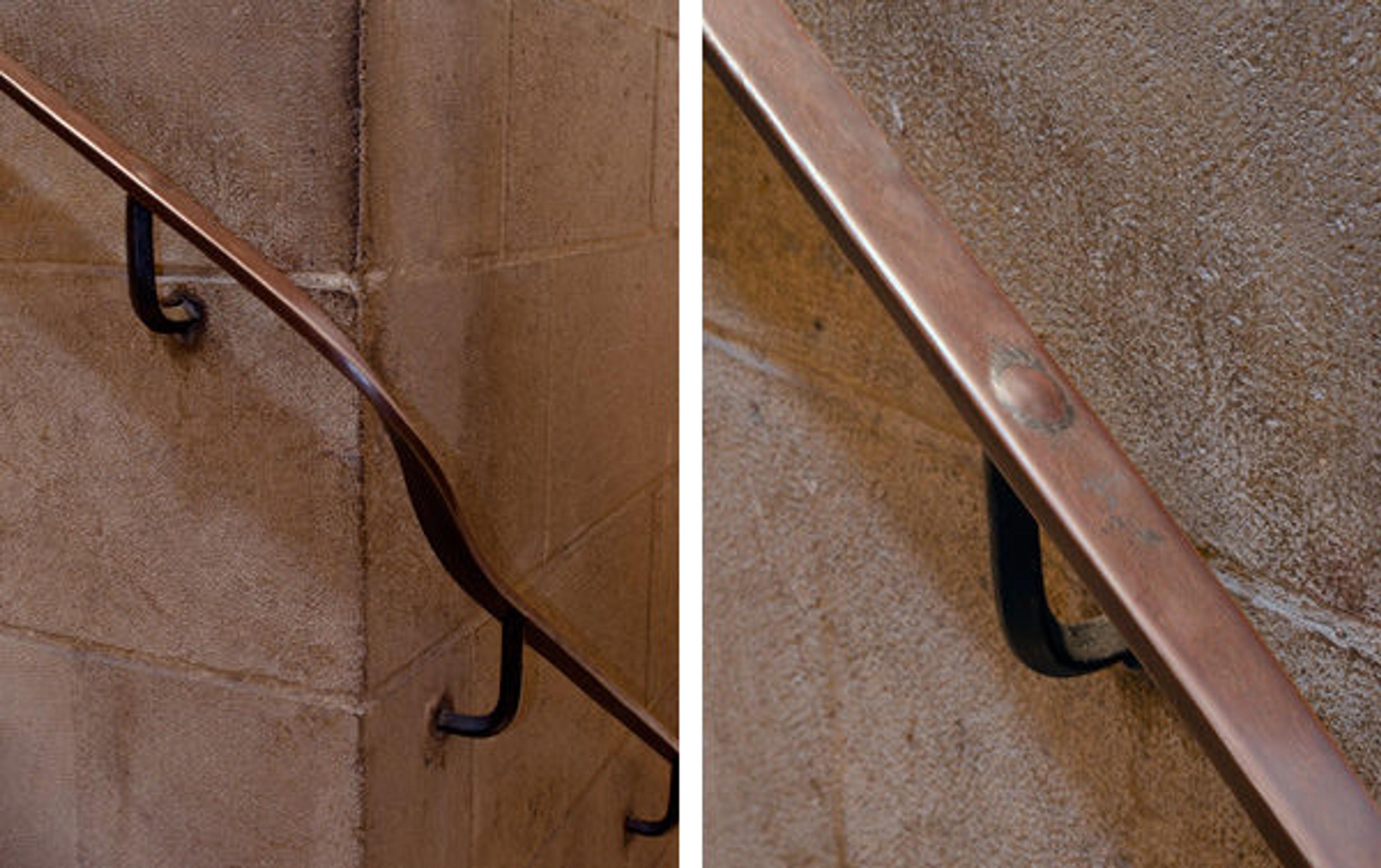 Detail of the handrail on the landing of the Boppard Room stairs and Detail of the tenon joining bracket and handrail on the Boppard Room stairs