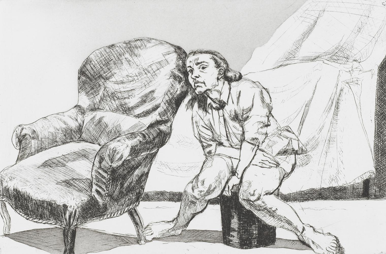 Woman sitting in distress, resting her head on chair.