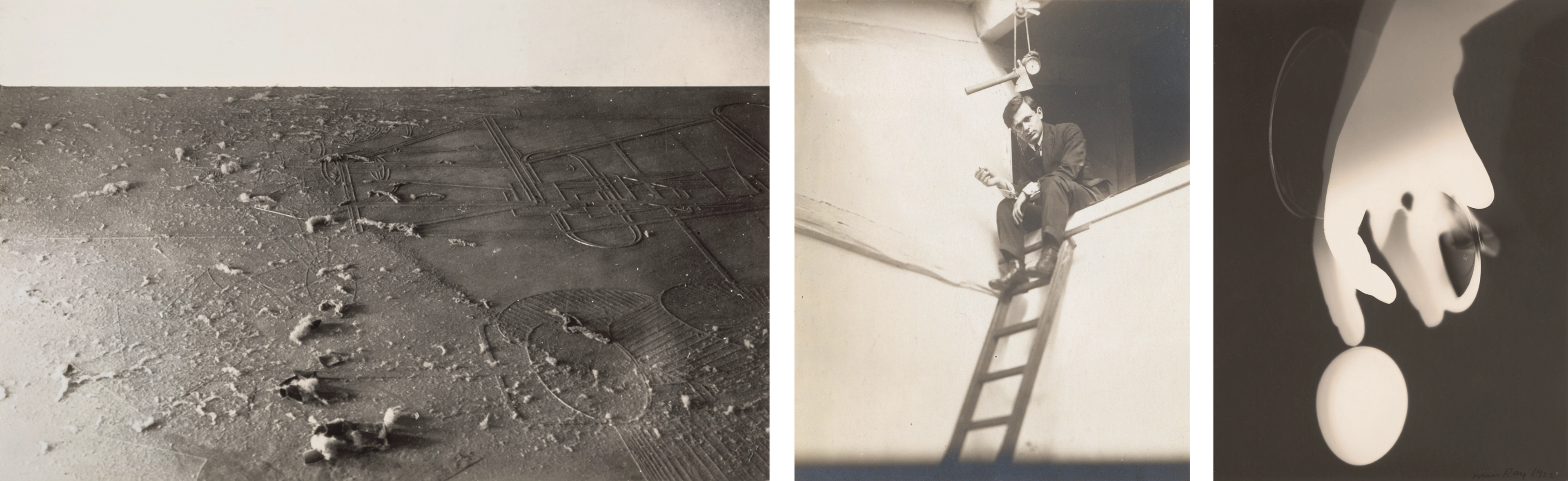 Triptych of black and white photographs. On the left is a photo of dust; in the center is a photo of a man sitting on a ledge with a ladder below him; and on the right is a Rayograph of a hand and an egg.