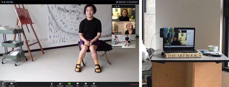 Left: Artist Hai-Hsin Huang is seated in her studio. Three zoom video chat windows appear on the far left of the image with other faces. Right: a laptop on top of an art book with an iPhone taped over the camera.