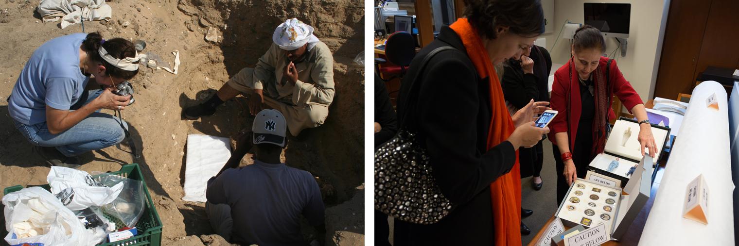 Left: Textile conservator Emilia Cortes with team members Ali Hassan Ibrahim and Mohammed Ali Hassa doing field work in Egypt. Right: A group of women carefully examines a case of circular photographic objects, taking pictures of them.