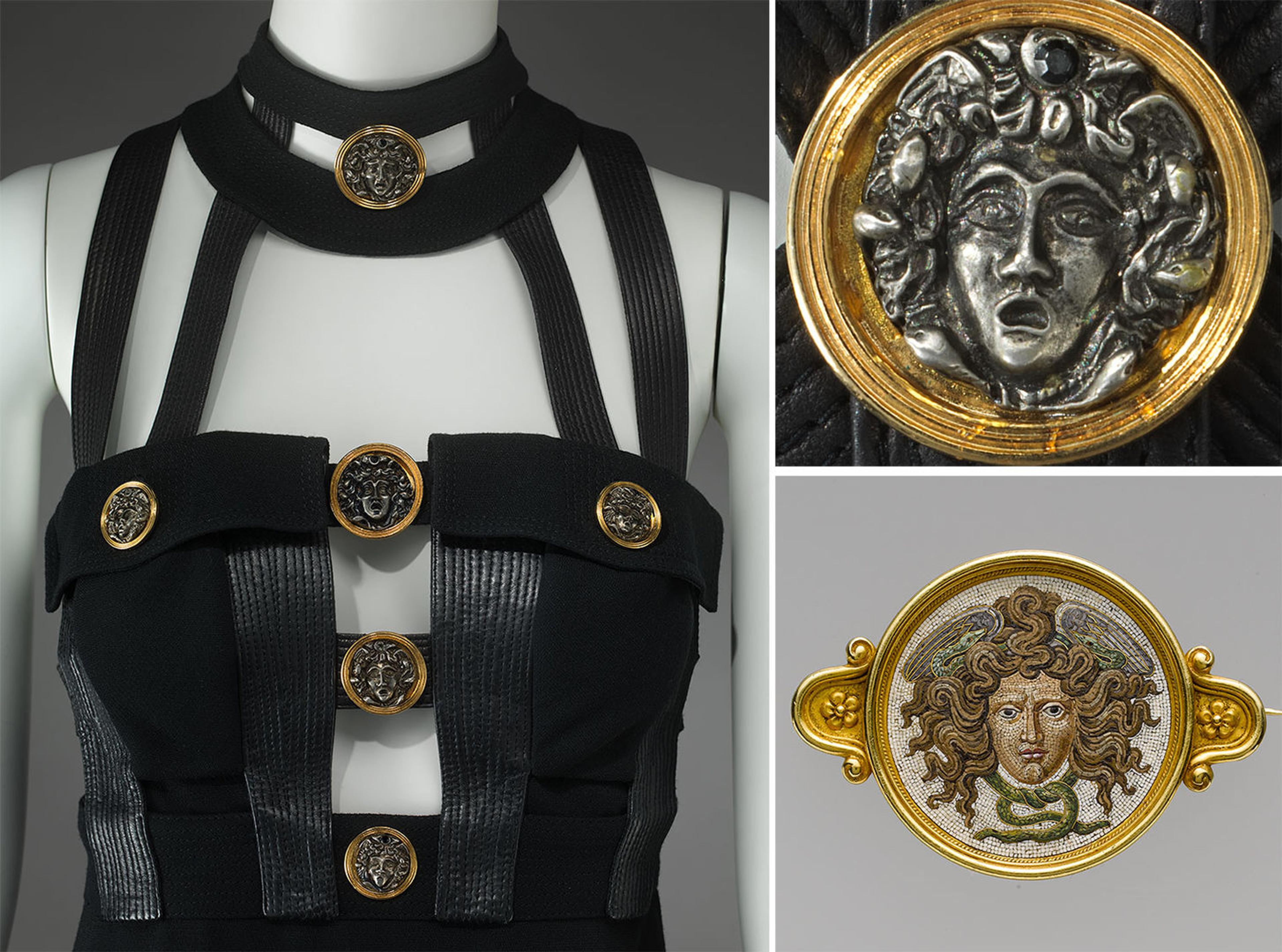 Three images showing Versace dress with Medusa medallions and a Baroque brooch with head of Medusa