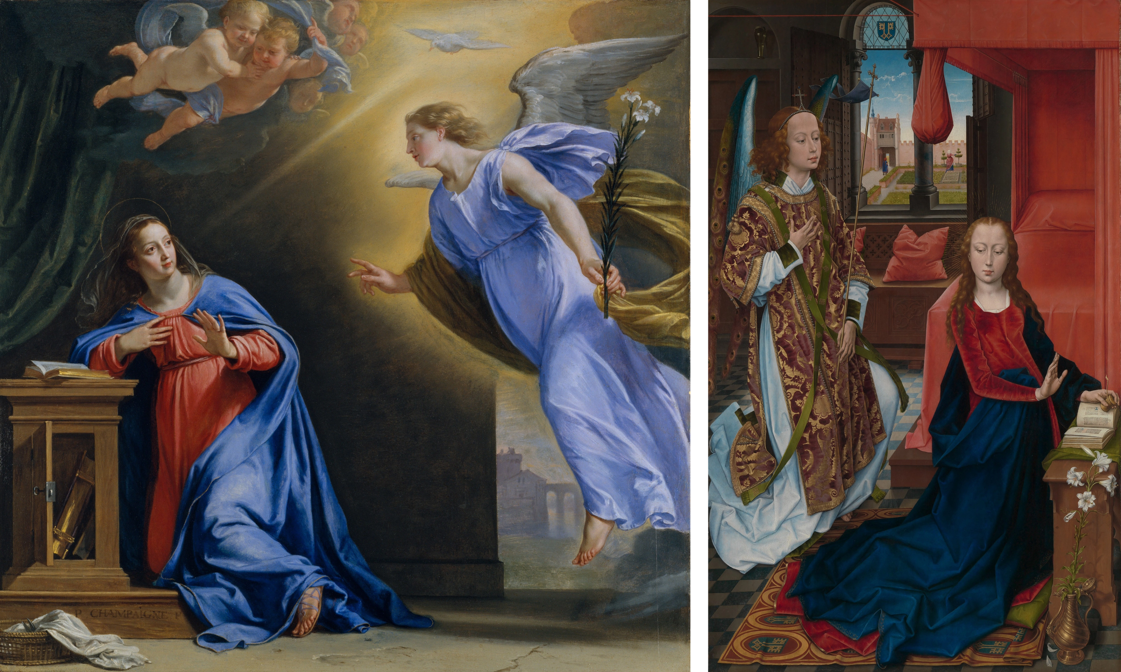 The image on the left depicts a woman kneeling in a blue and red dress, two babies fly above her, a winged figure in a blue robe approaches her from the right holding a flower stem. The image on the right shows a a winged figure in a blue robe and red and gold cape approaching a kneeling woman in a blue and red dress in an interior room.