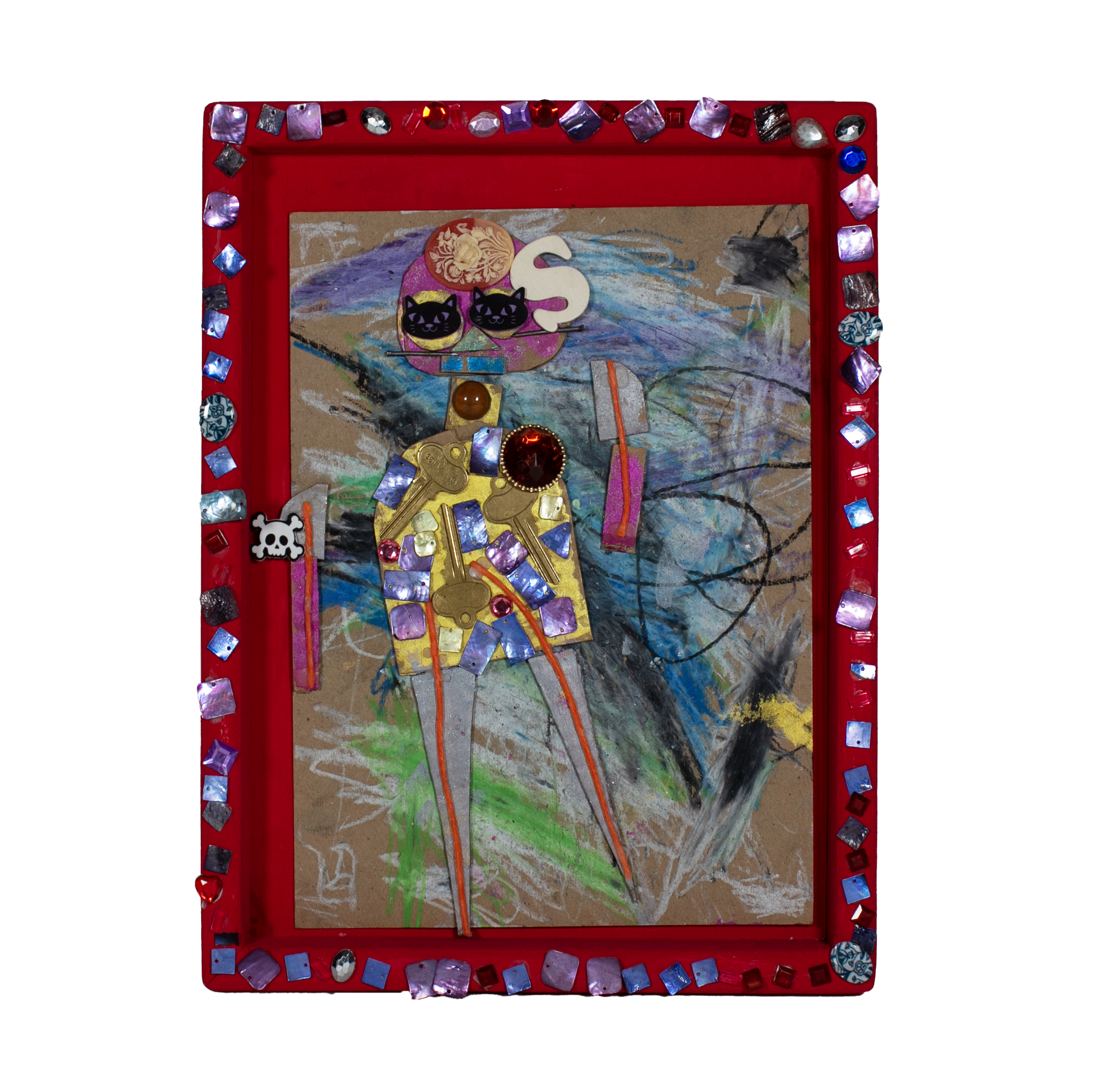 Mixed-media collage of an abstract robot standing on a brown background covered in light blue pastel scribbles. The illustration is enclosed in a red, painted frame decorated with colorful blue and purple baubles. The robot has gray legs that taper down to points at its feet. Its torso is yellow and barrel shaped beneath a small yellow neck. Its head is round and violet colored. Two side-by-side black cat heads on the face represent eyes. A white letter S is pasted to the right of the eyes. A red button is pasted on the neck. The chest is covered with blue and purple baubles and three house keys. Red strings are pasted on the legs and ascend up into the lower chest. Two hanging violet vertical strips at left and right represent the arms. Each arm has a red string pasted on it.