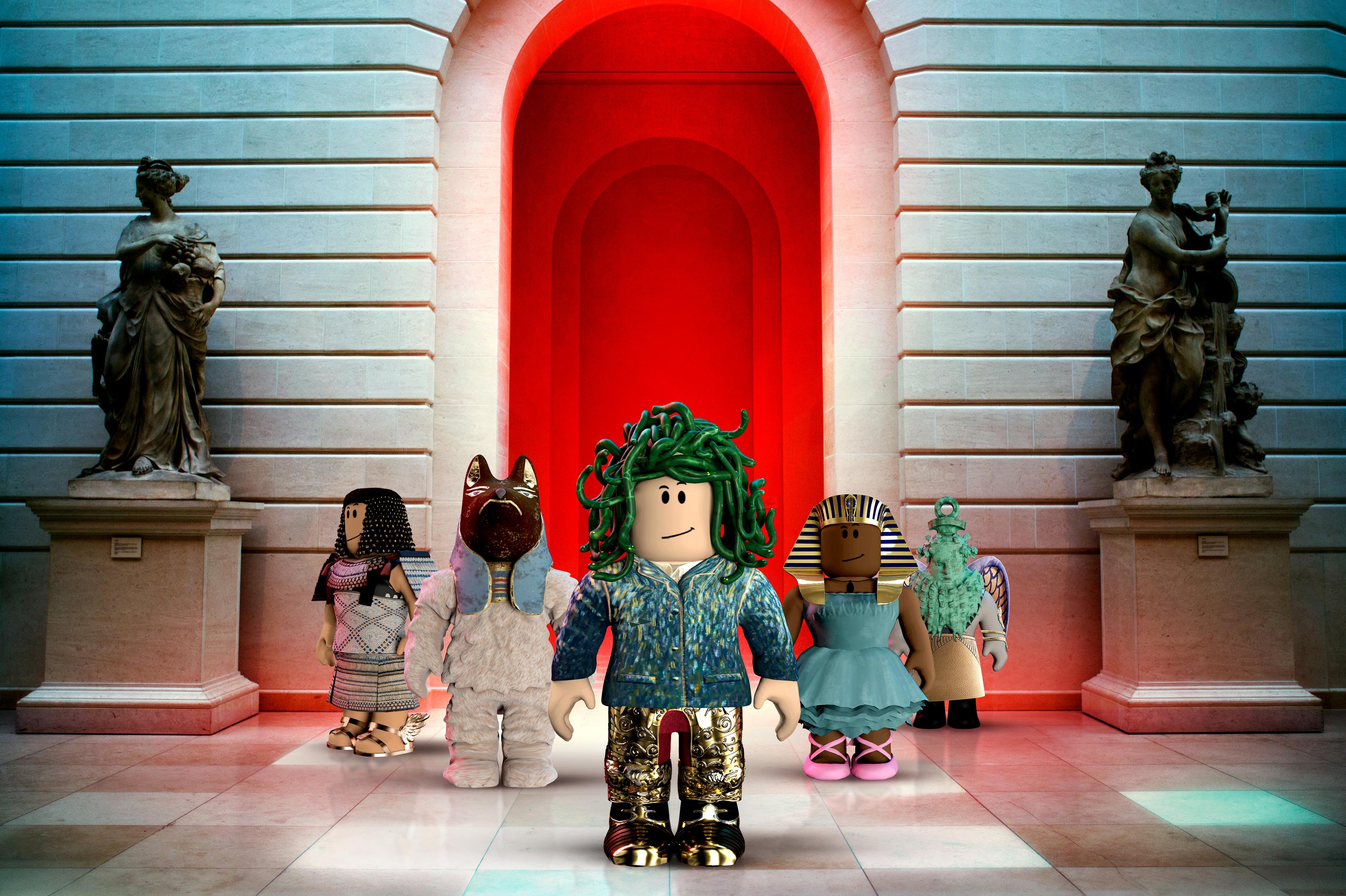 5 roblox avatars wearing Met skins and accessories stand positioned in a virtual Met gallery.