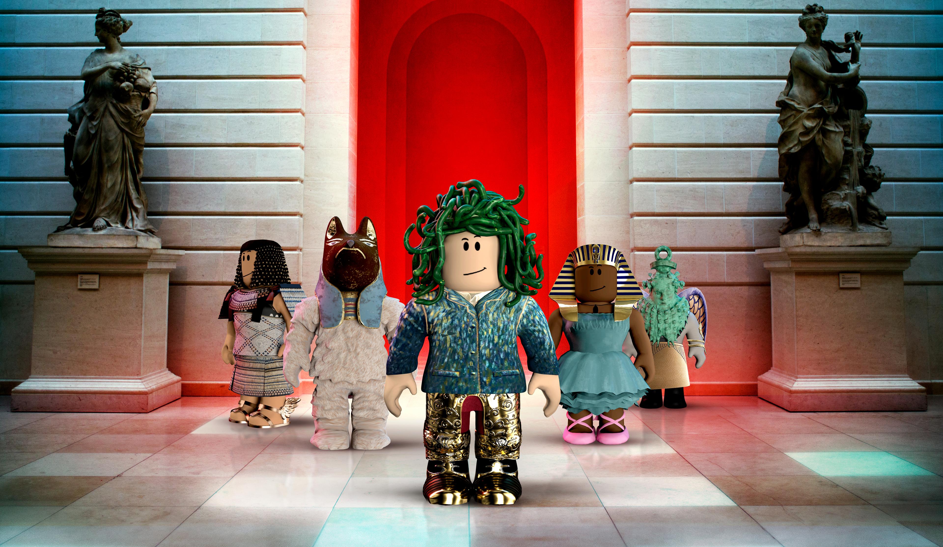 five roblox characters sporting Met-themed accessories pose inside a digitally recreated Met gallery.