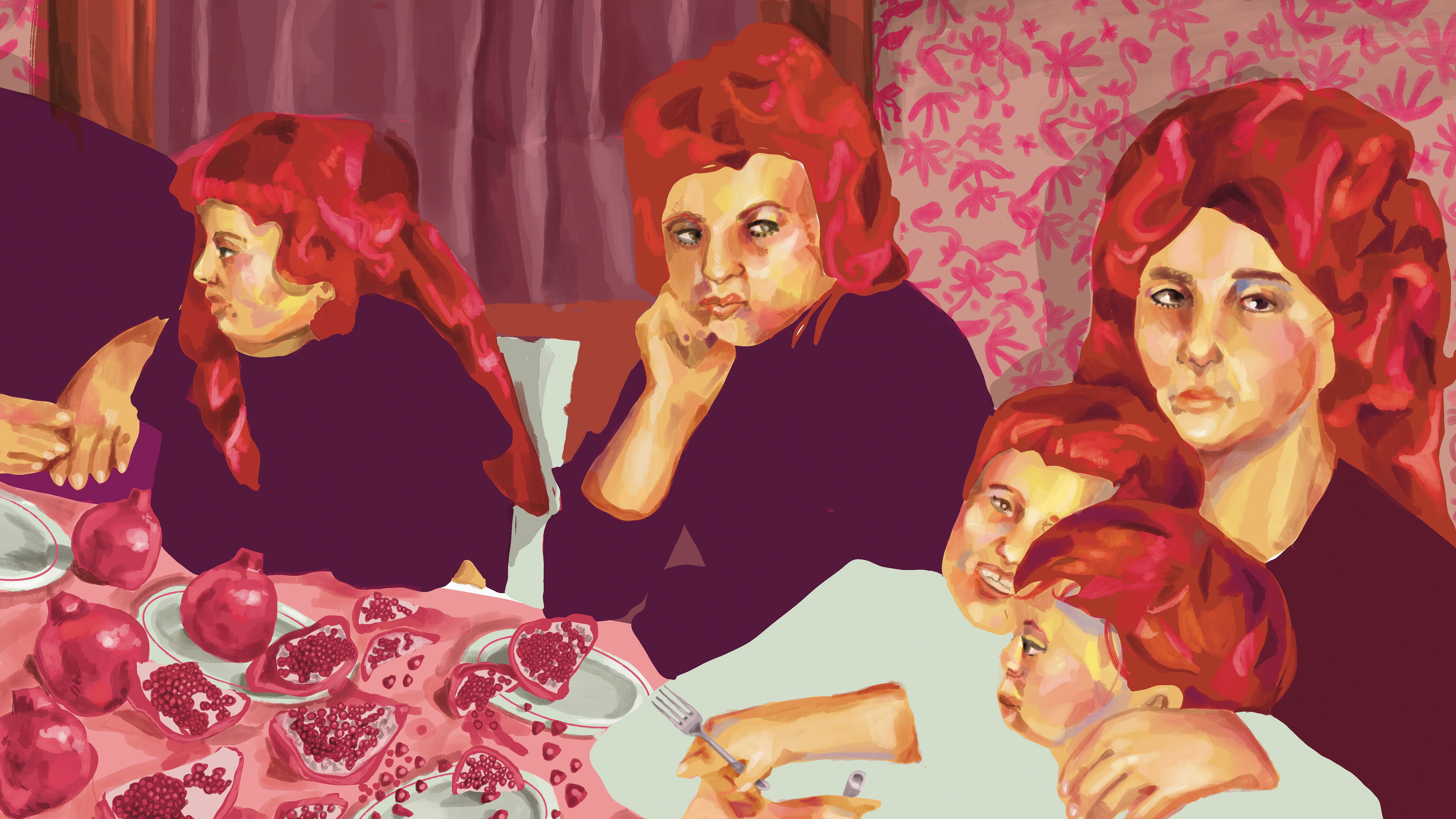 A family portrait at a long table with open pomegranates strewn across its surface