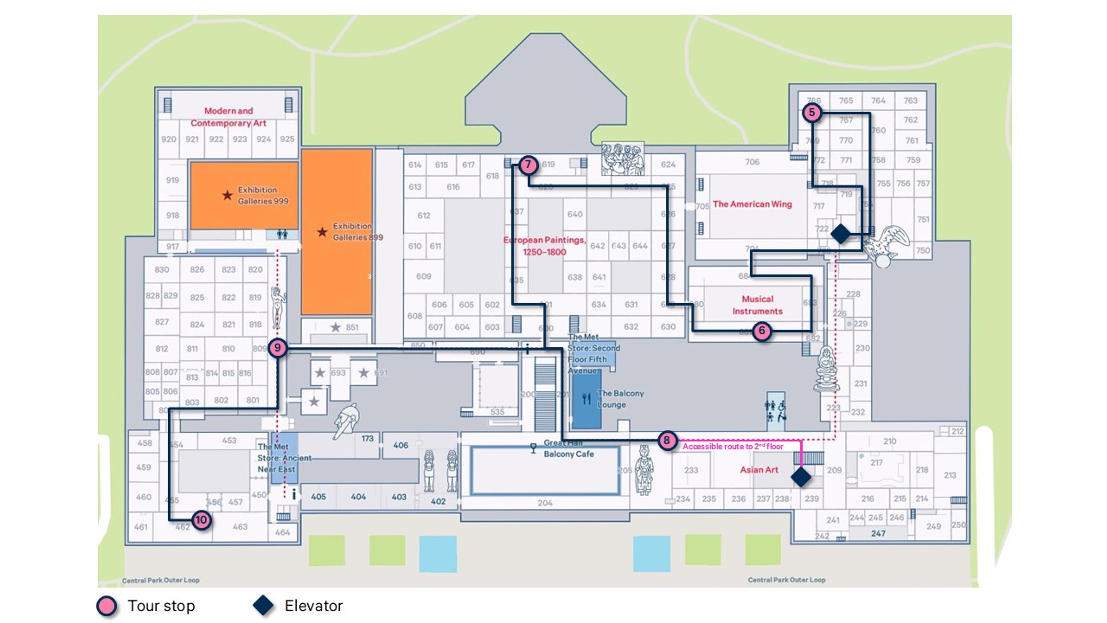 Map showing second floor stops on the 2026 Met Members tour.