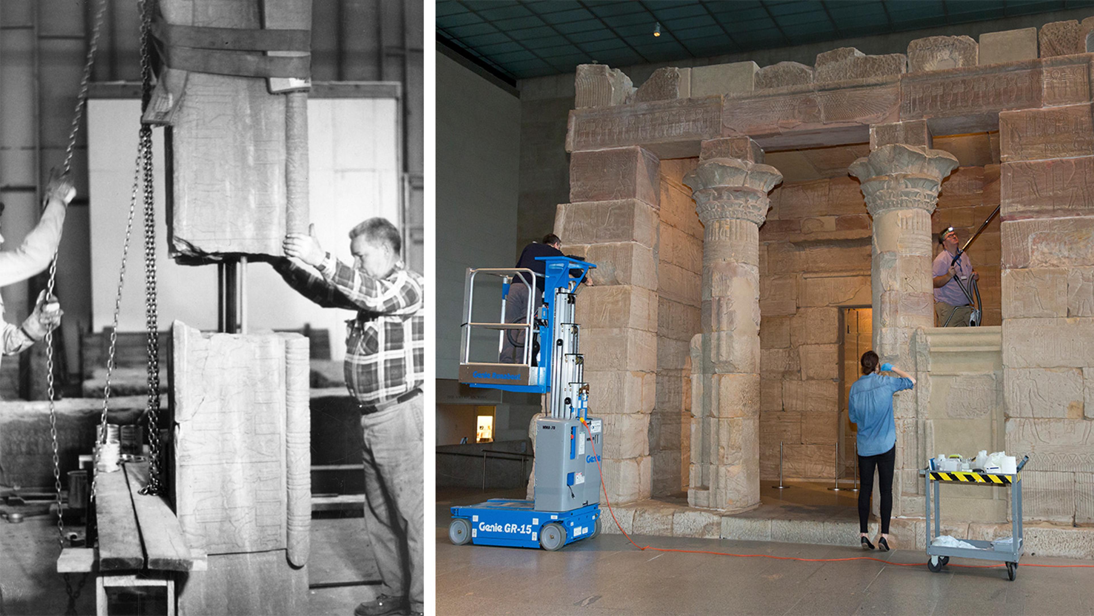 Two photos side by side. The left shows two people joining fragments of a block from the temple prior to its reassembly in the 1970s. On the right is a photo of the Temple of Dendur at The Met with three people cleaning the temple.