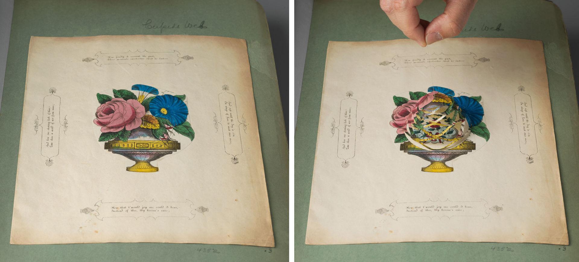 Two cobweb valentines of flowers side by side.