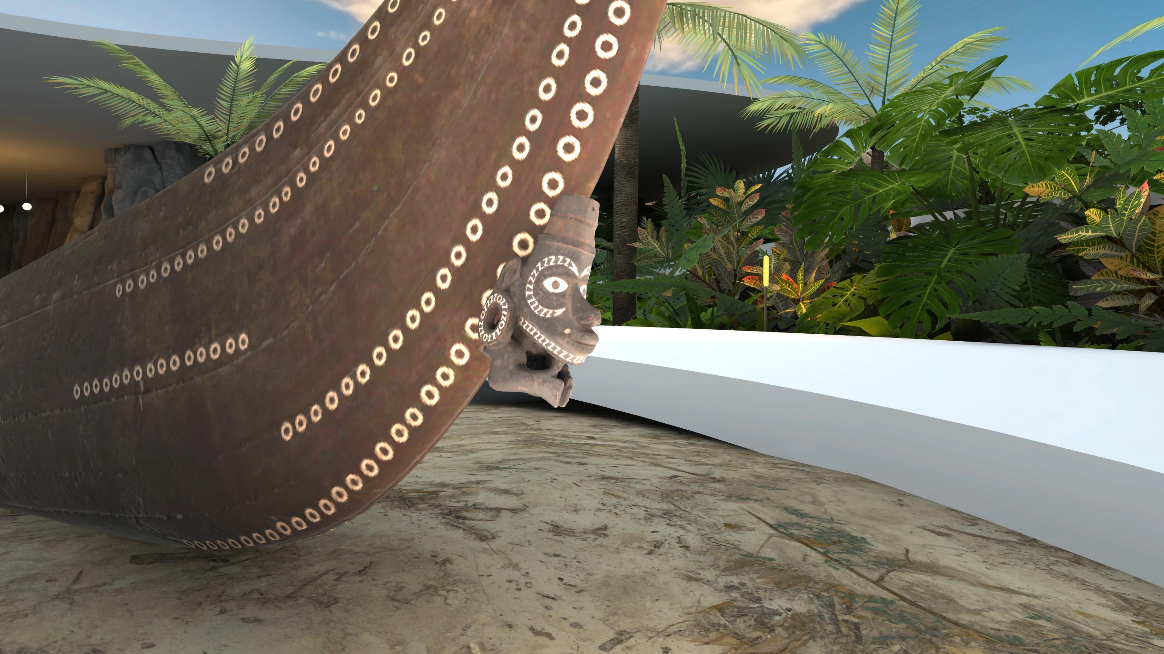 Partial view of a canoe's underside and bow. A mask with white trim around the eyes, ear, and mouth adorns the seam of the bow.