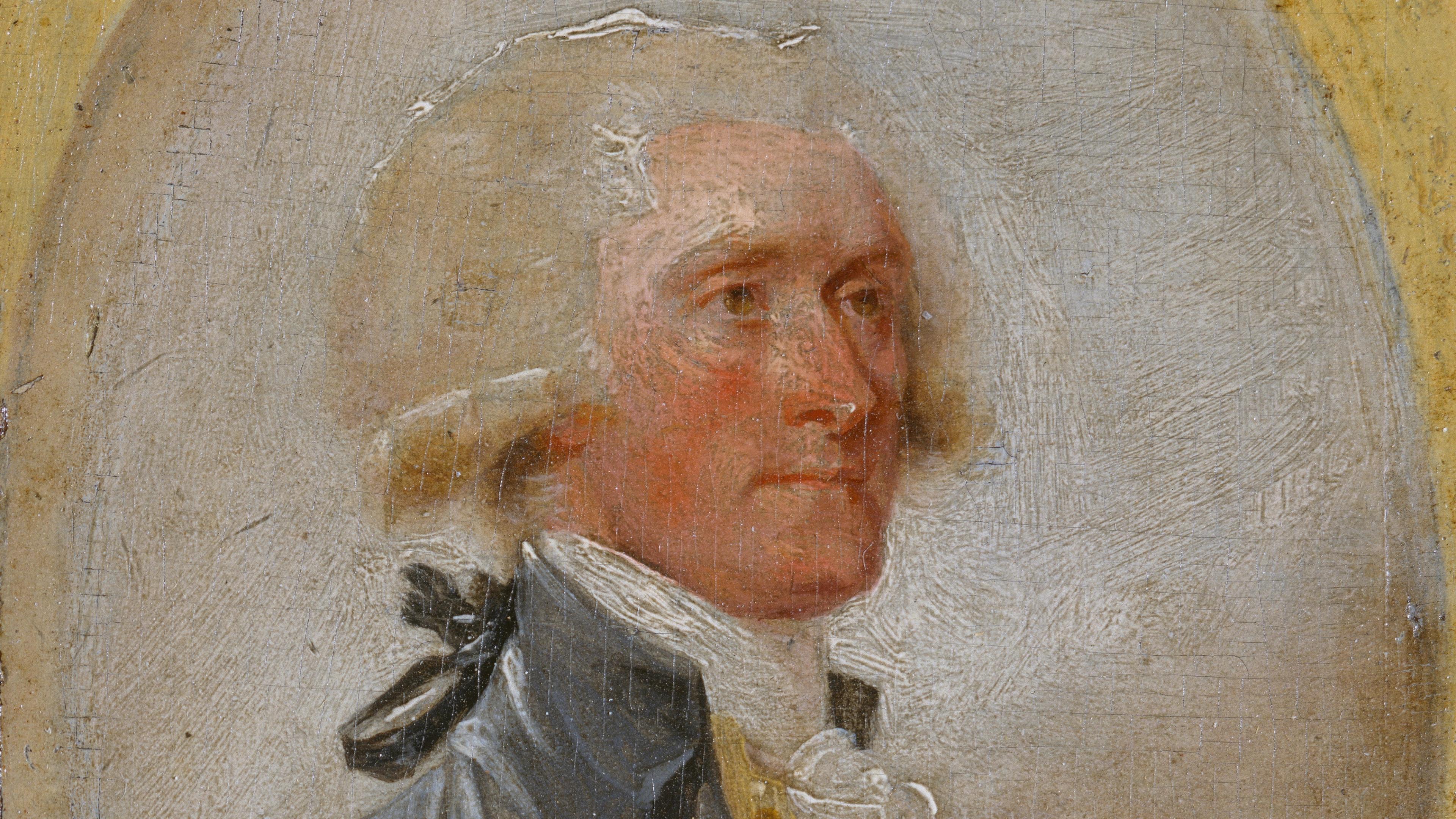 Oil portrait of an 18th-century gentleman with powdered hair, a dark coat, gold buttons, and a white ruffled cravat, gazing calmly.