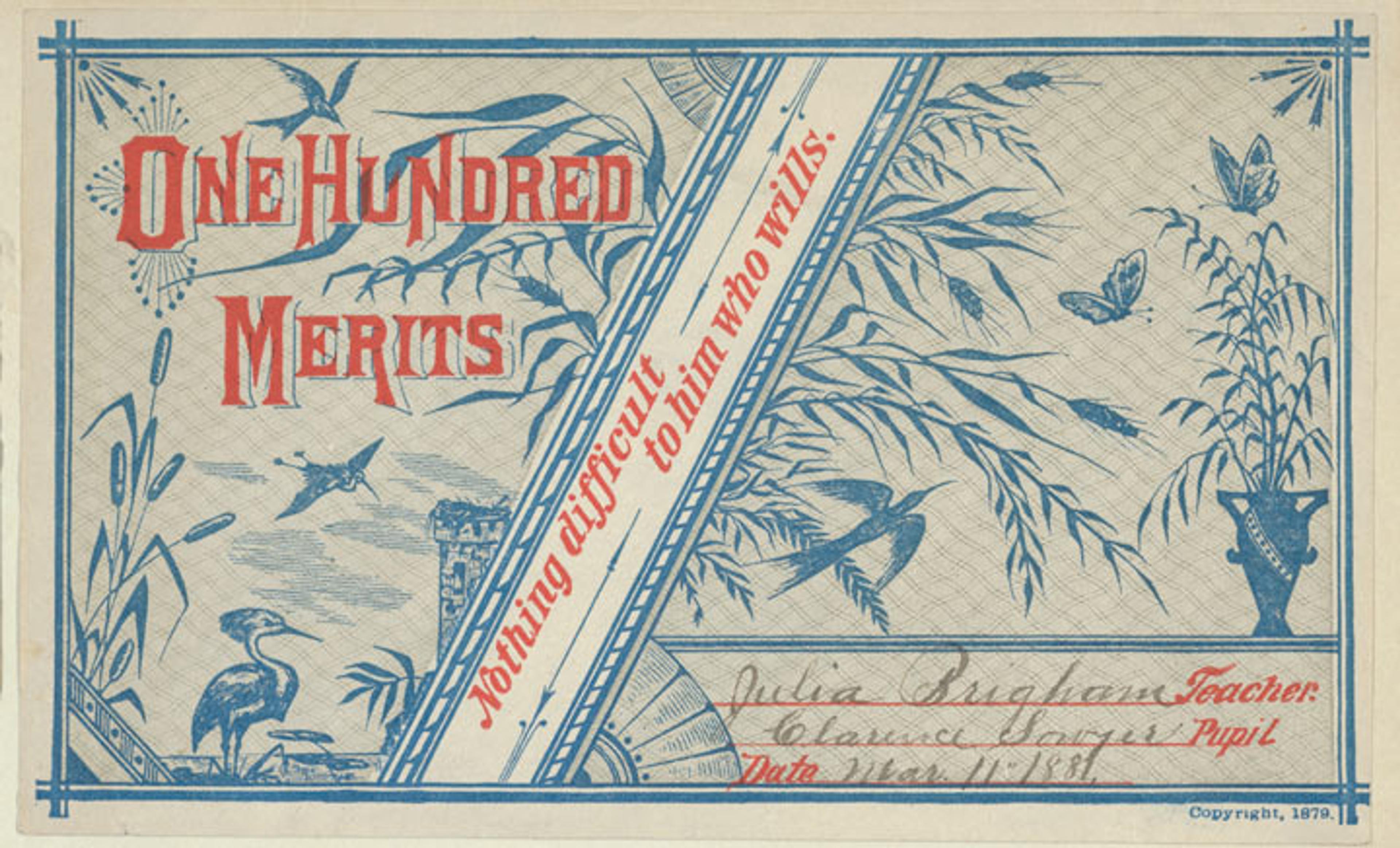 Vintage commemorative card reading "One Hundred Merits"