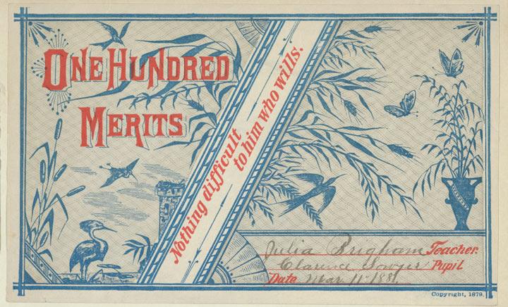 Vintage commemorative card reading "One Hundred Merits"