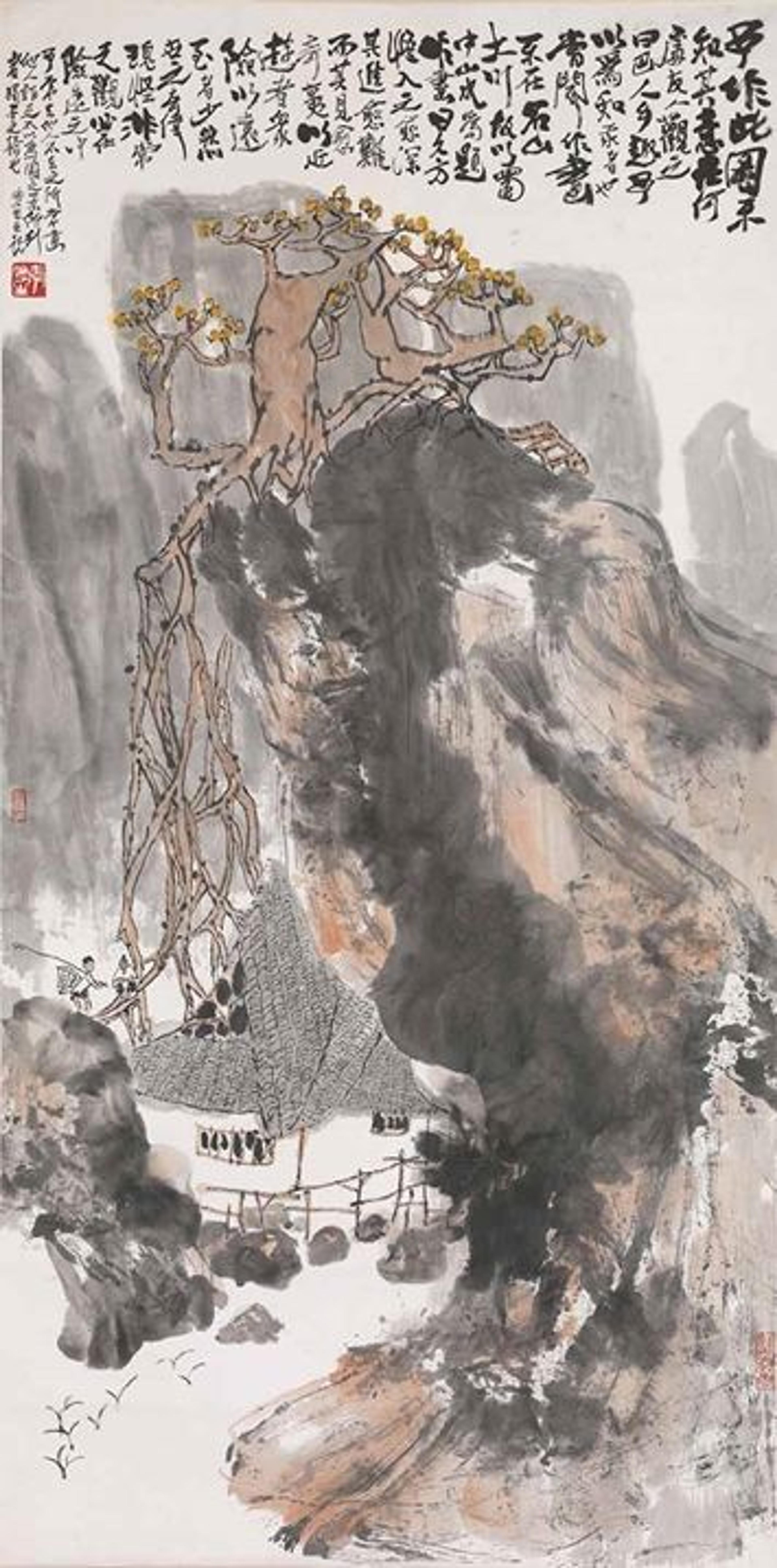 Hanging scroll depicting high bluff with tree at the top