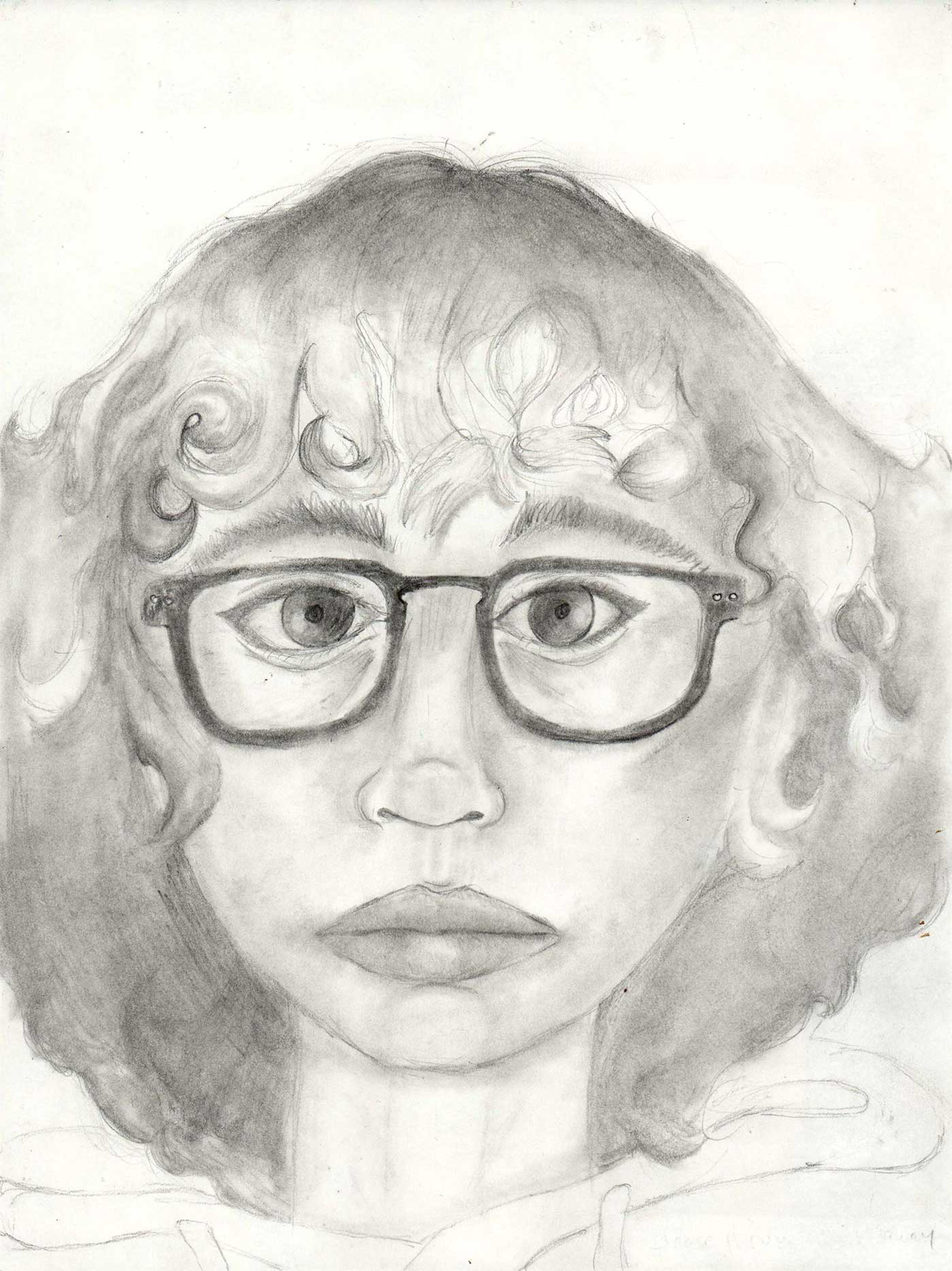 Pencil drawing of a girl wearing glasses.