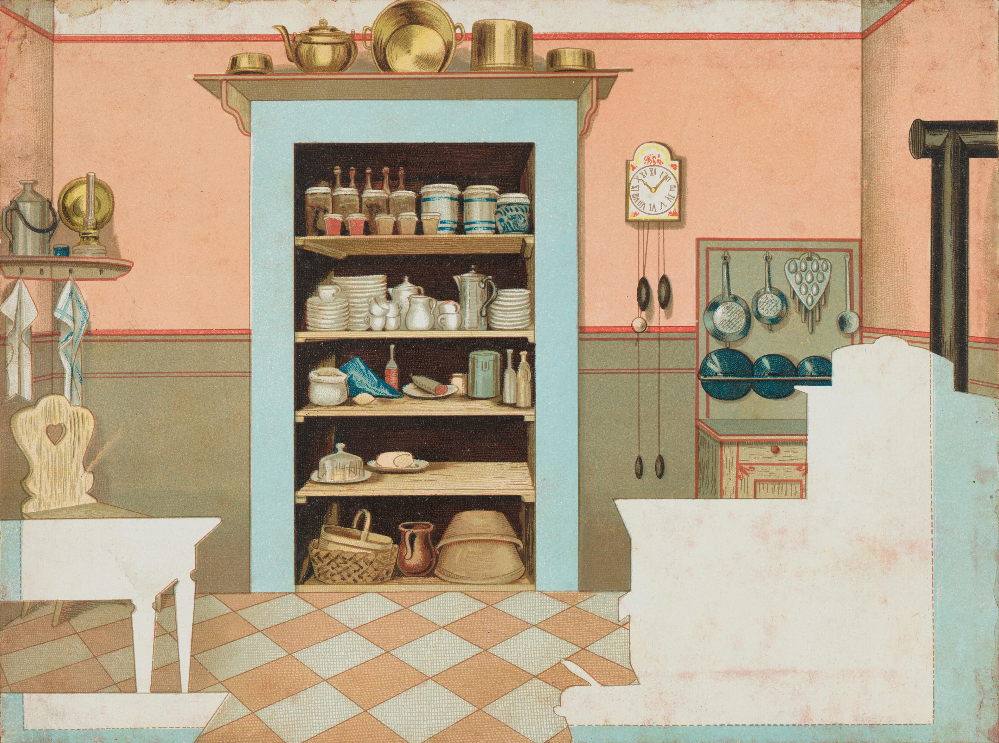 A kitchen scene with an open pantry.