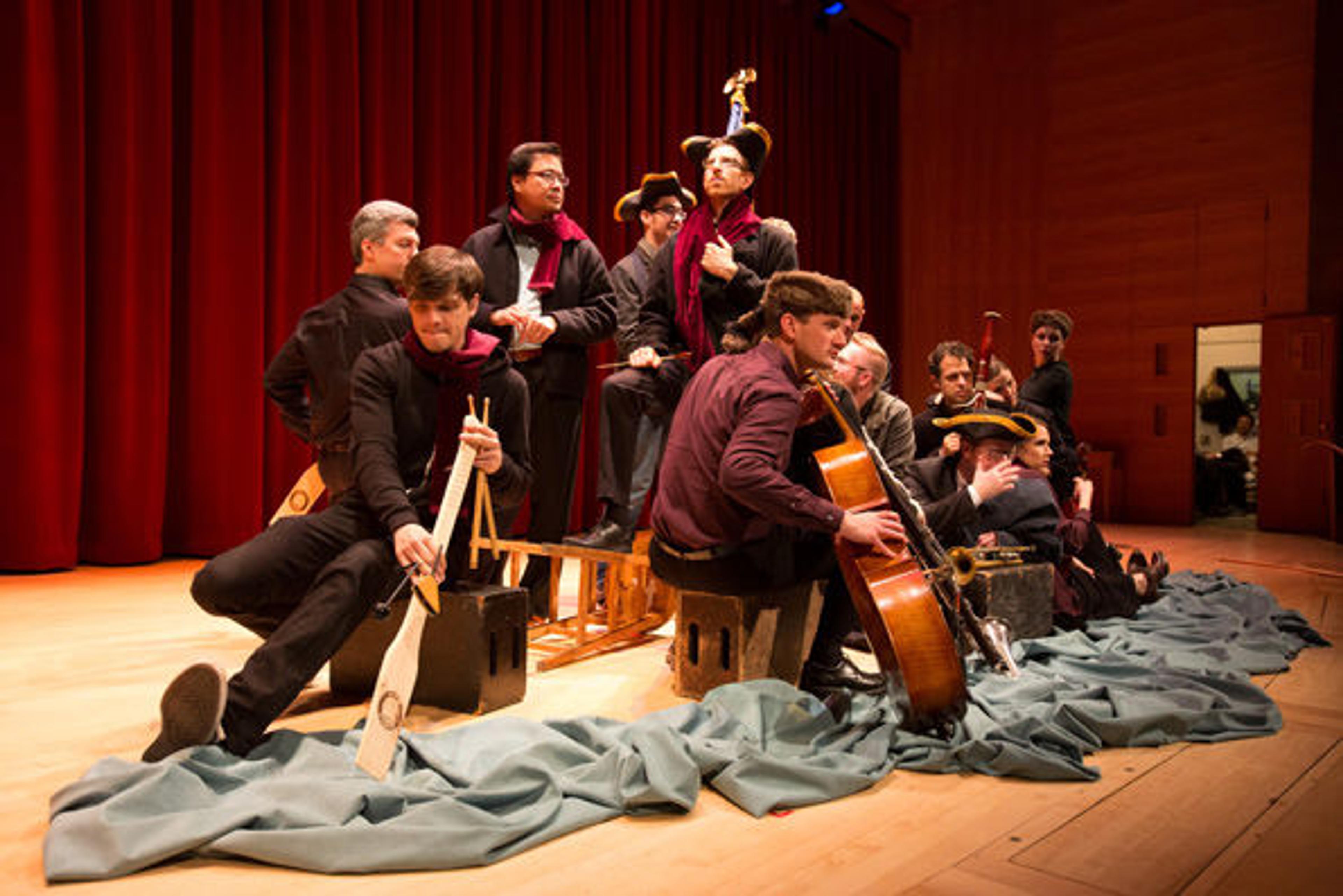 Alarm Will Sound strikes their pose for the recreation of Emanuel Leutze's Washington Crossing the Delaware. Photo courtesy of The Metropolitan Museum of Art