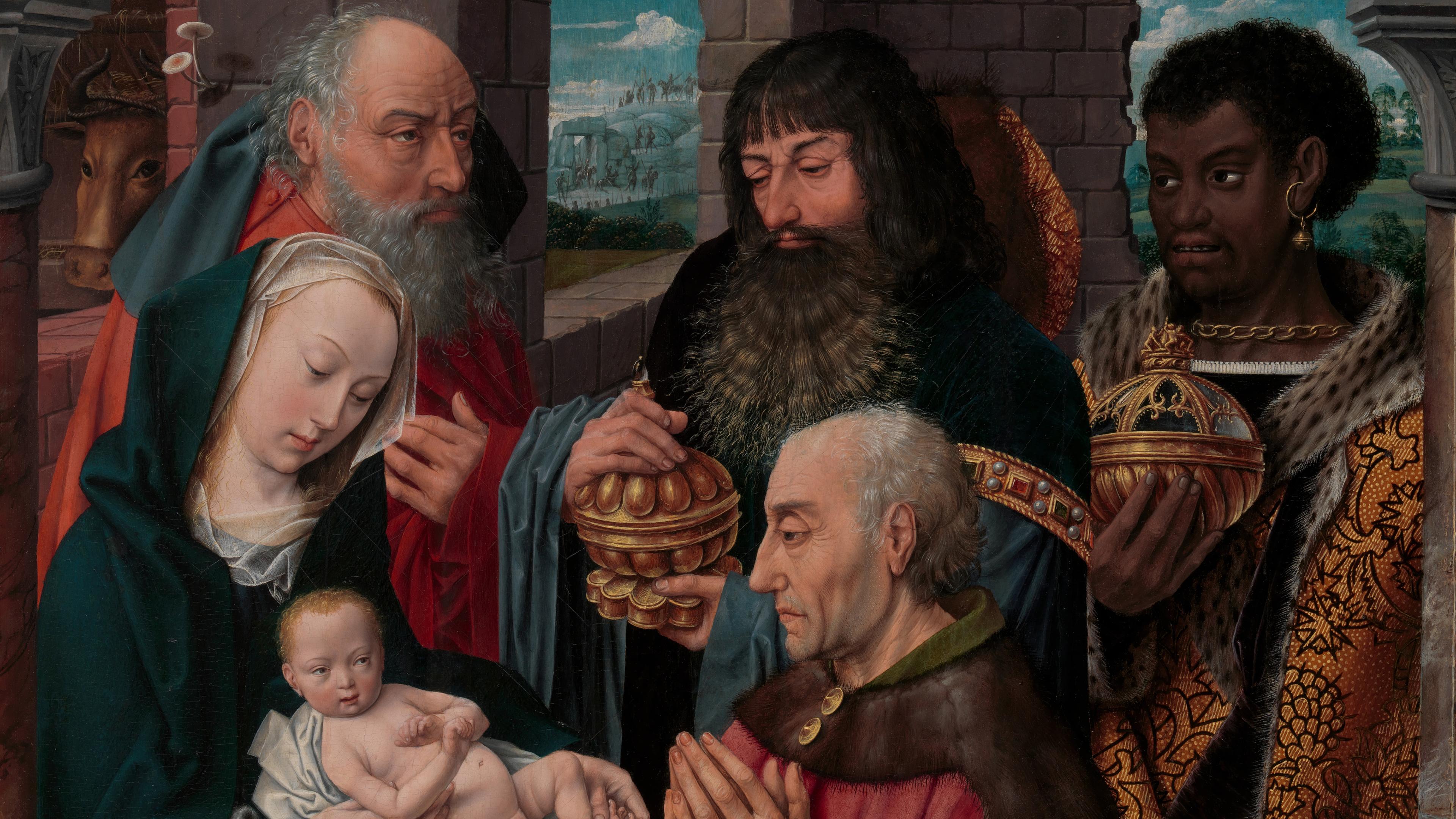 A painting showing Joseph, the Virgin, and the Christ Child in the foreground, while the three magi stand behind them.