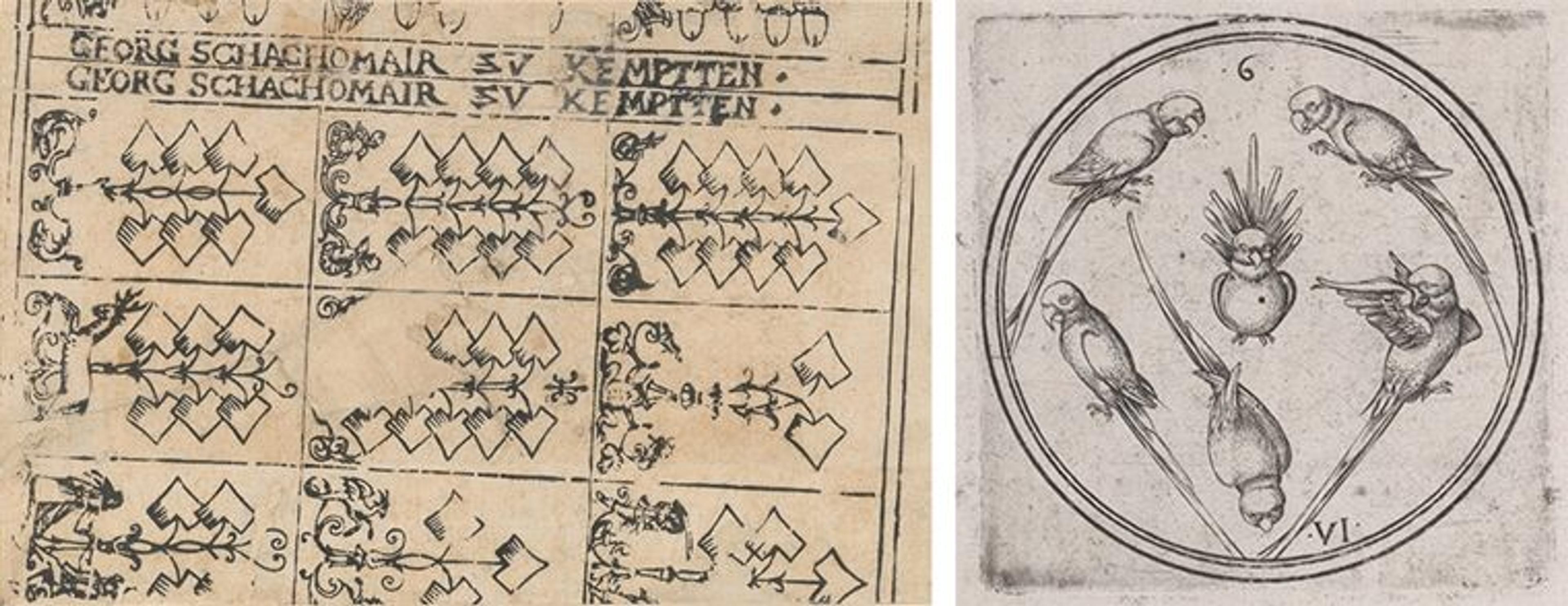 Left: an aged printed sheet of playing cards with text in German. Right: a square card featuring six parrots within a circle.