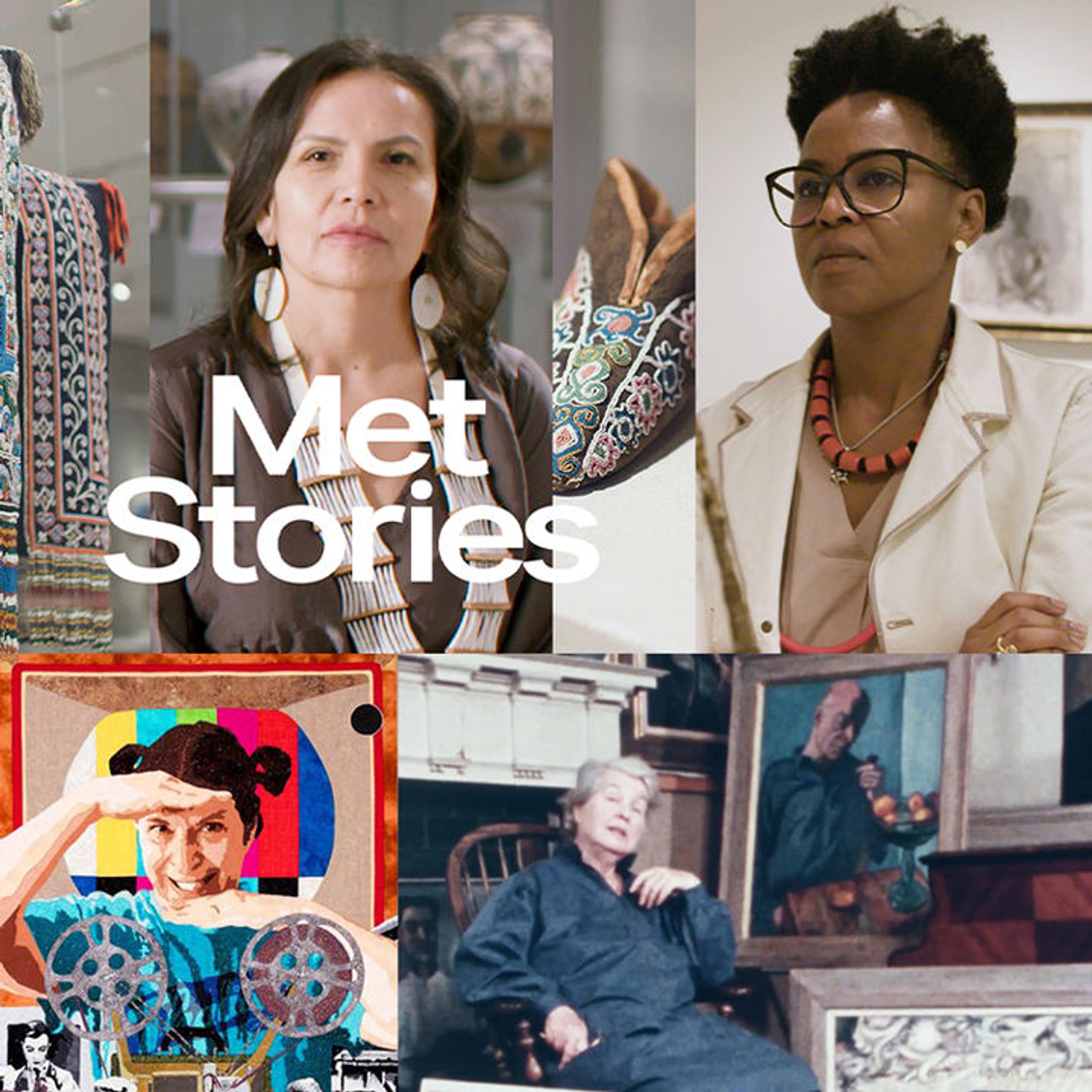 A colorful collage of ten women and their artwork who have shaped the Met collection, including Alice Neel, Wangechi Mutu, and Jodi Archambault.