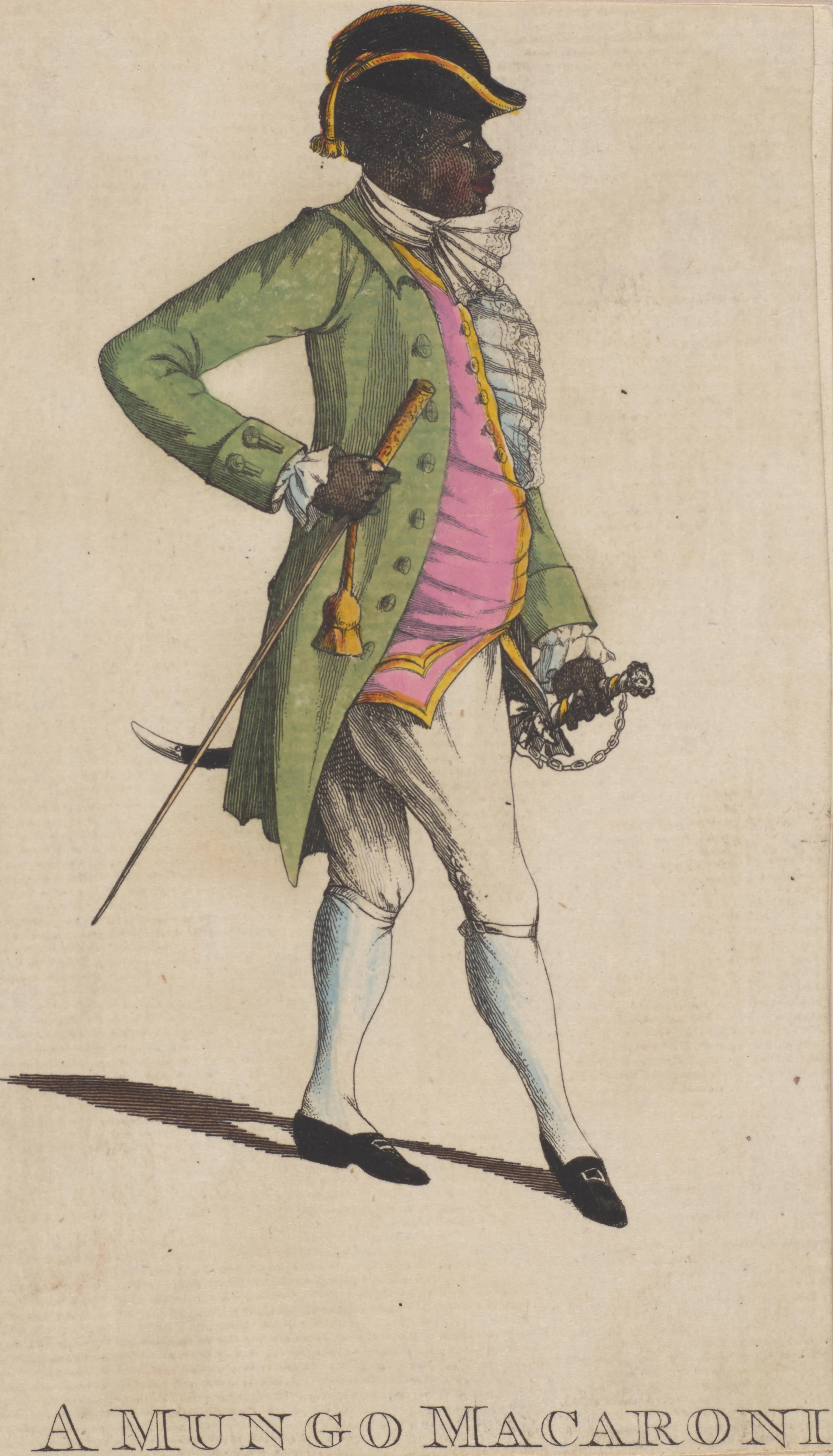 Print showing a boldly dressed man in a lime green jacket, light pink vest, and black hat