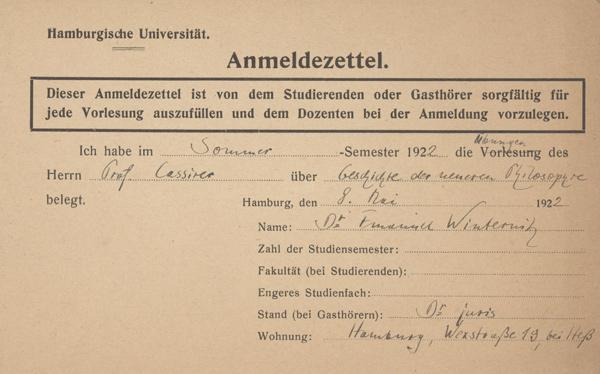 Winternitz's 1922 University of Hamburg registration for a seminar with the eminent philosopher Ernst Casirer, who also emigrated to the United States and maintained correspondence with Winternitz until his death in 1945. This class prompted Winternitz's lifelong interest in the symbolism of art and music.