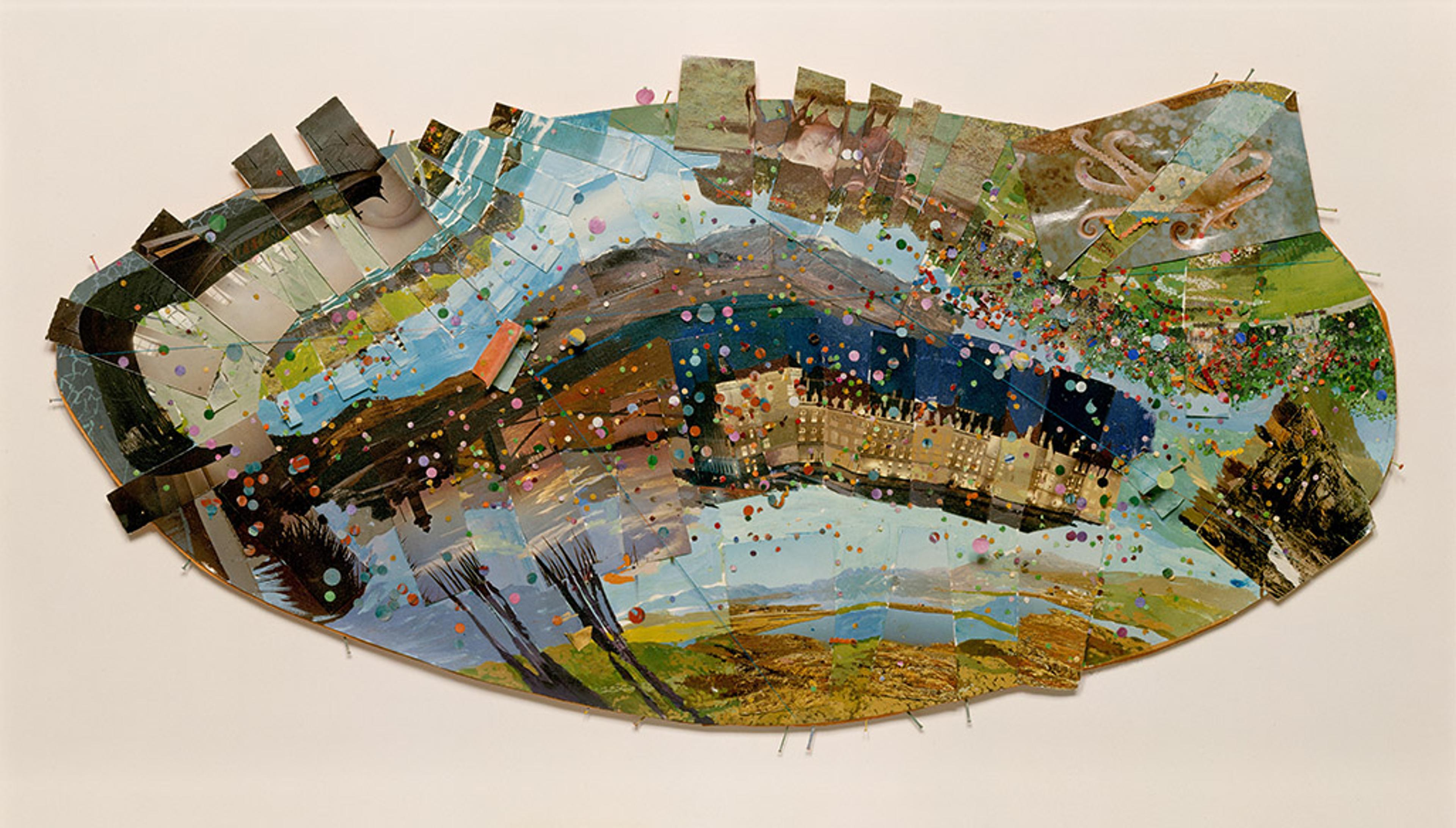A colorful, irregularly shaped collage made from overlapping cut and pinned paper fragments depicting bits of landscapes, architecture, and sky, sprinkled with confetti-like dots.