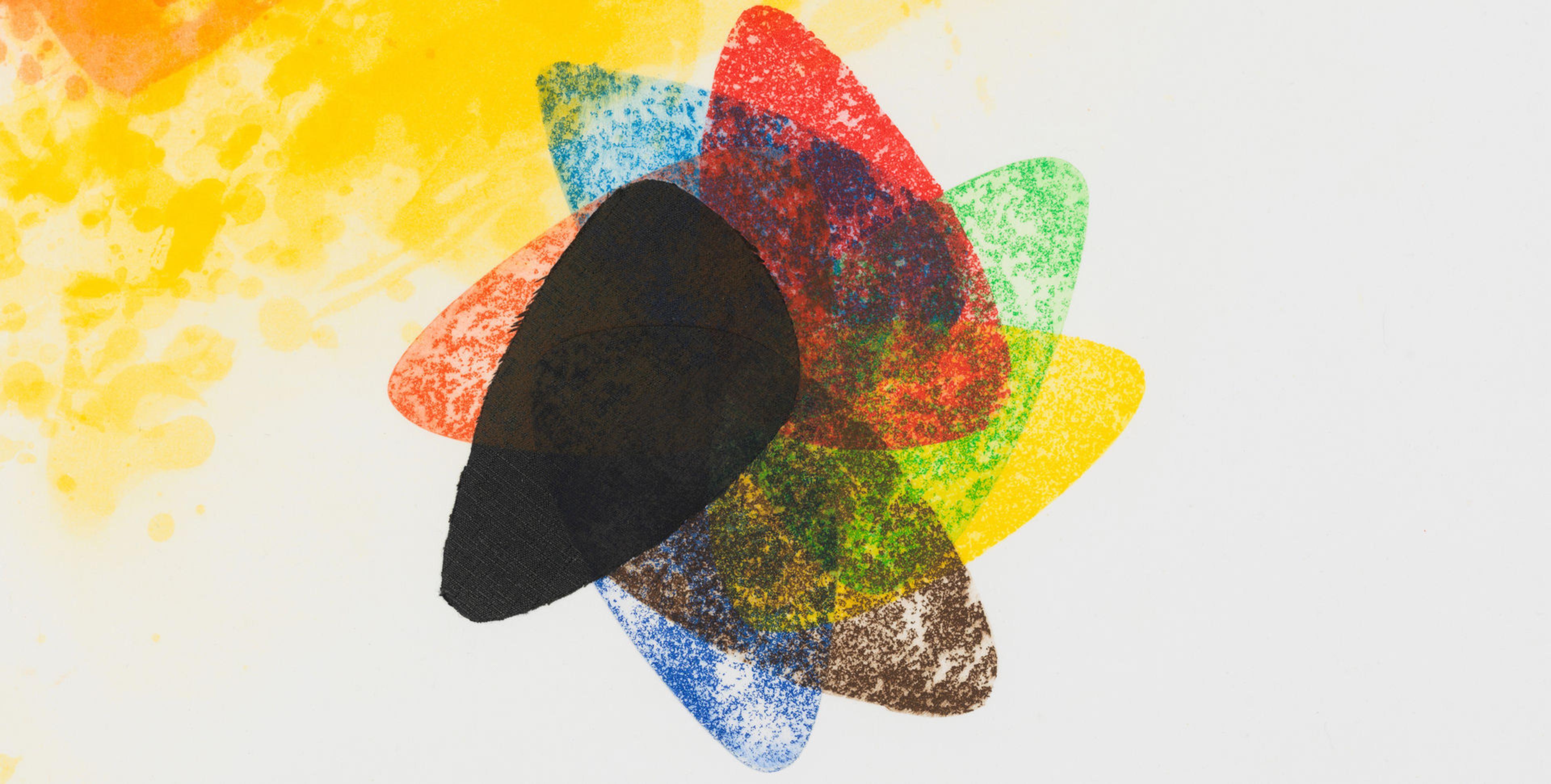 layers of pick shaped colors on top of each other almost looking like a flower with orange creeping out from the top left corner.