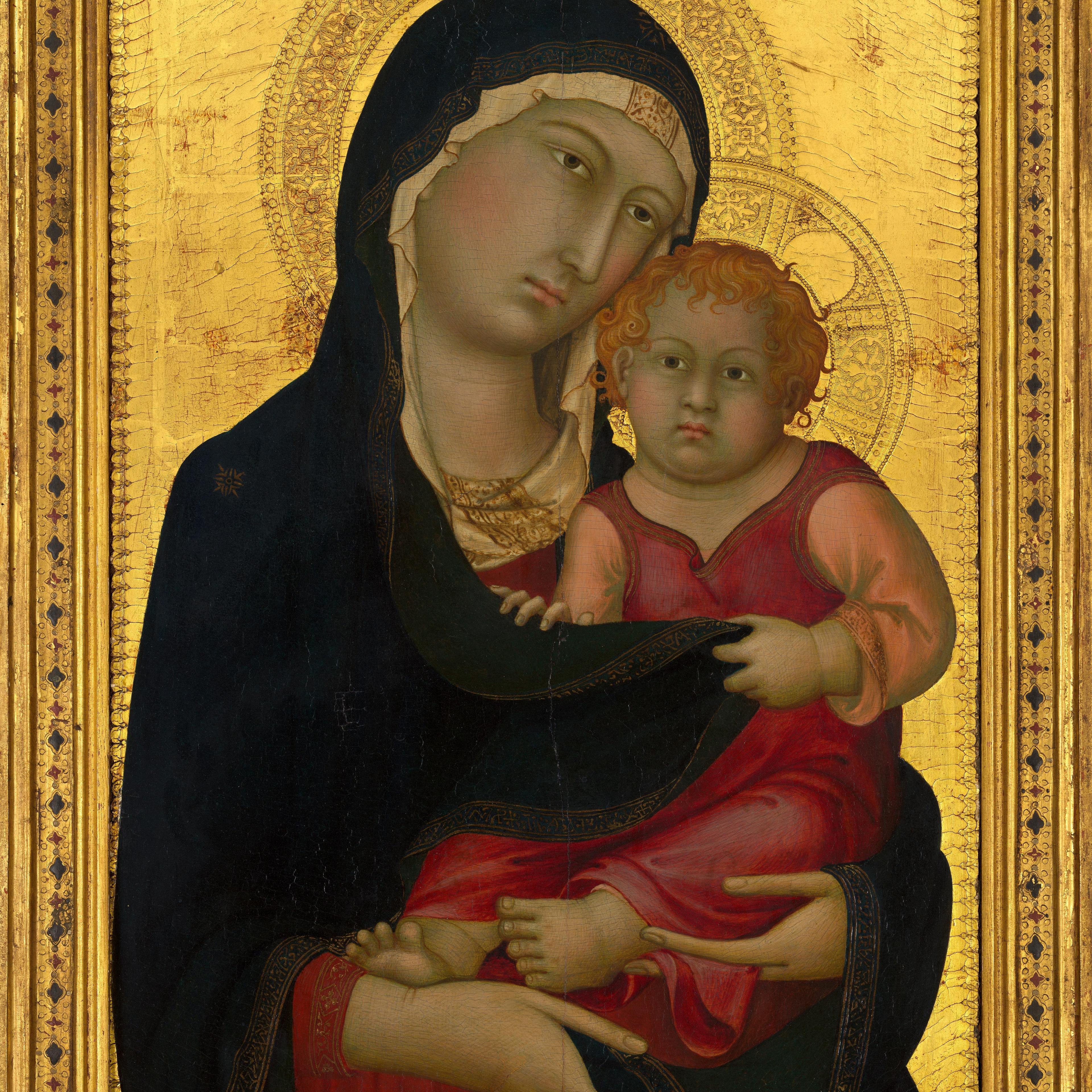 A medieval painting of the madonna and child, featuring the virgin mary in a blue mantle holding the infant jesus clad in red, set against a gold-leaf background adorned with intricate patterns.