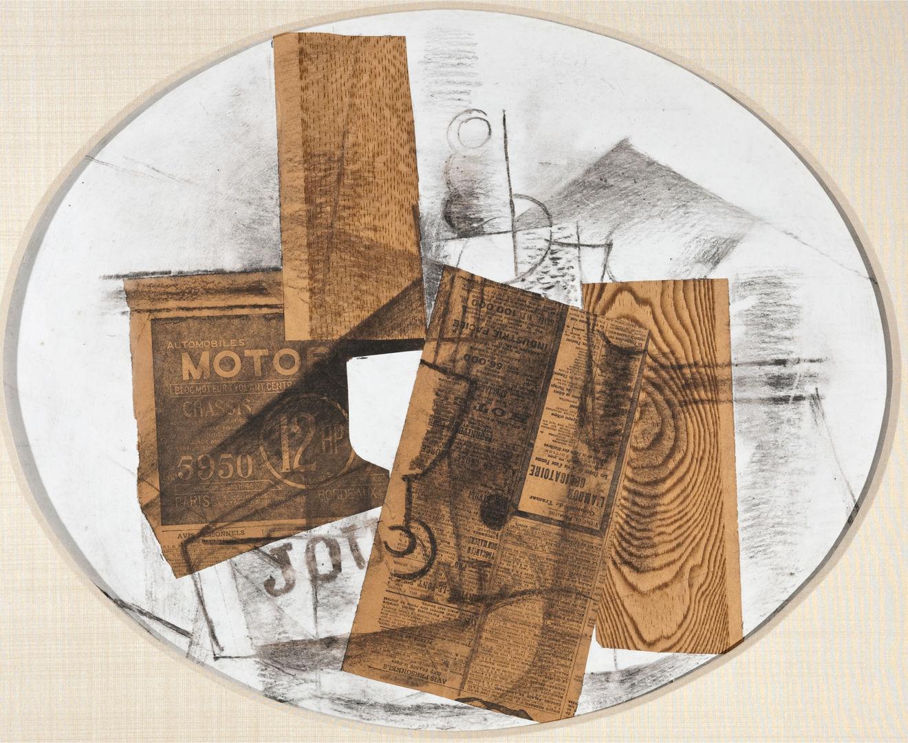 Circular white surface with overlayed orange printed papers