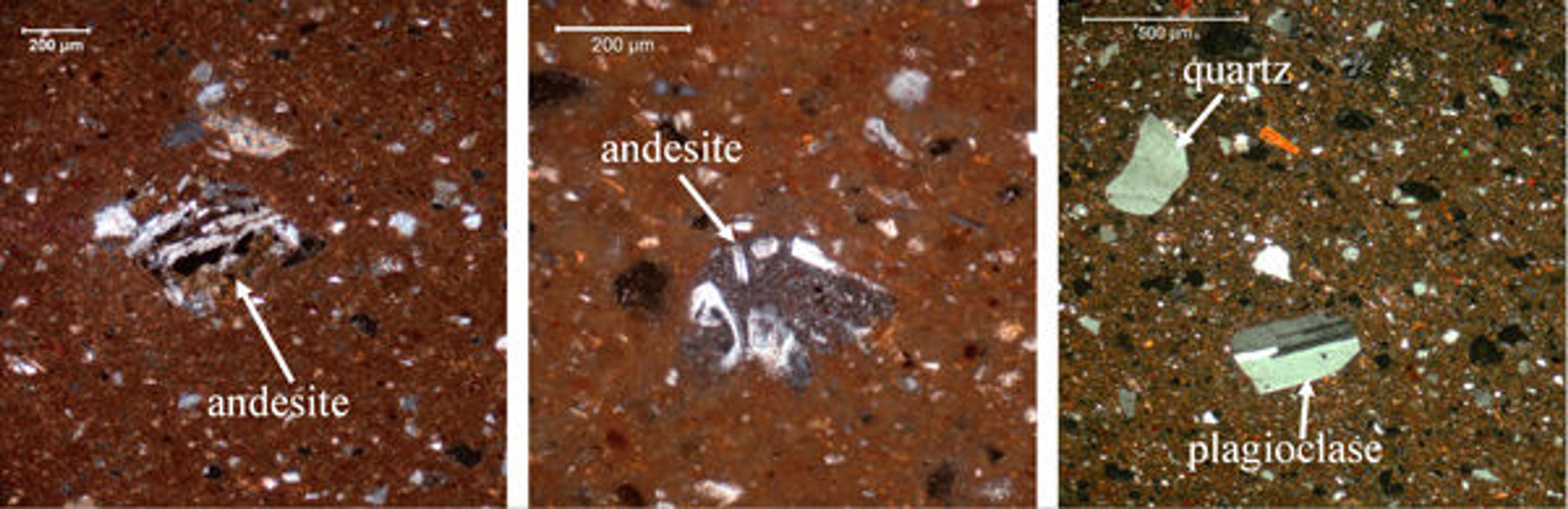 Fig. 3. Micrographs taken of thin sections of the ceramic body using a polarizing microscope, showing details invisible to the naked eye. A very thin slice of material, usually 0.03 mm thick, is placed on a glass slide between the objective lens of the microscope and a light source. When the light passes through the thin section, the different components, minerals and rock fragments, can be easily identified on the basis of their optical properties. In the above micrographs, the red/orange/brown background is the clay matrix and is composed by clay minerals transformed after firing.