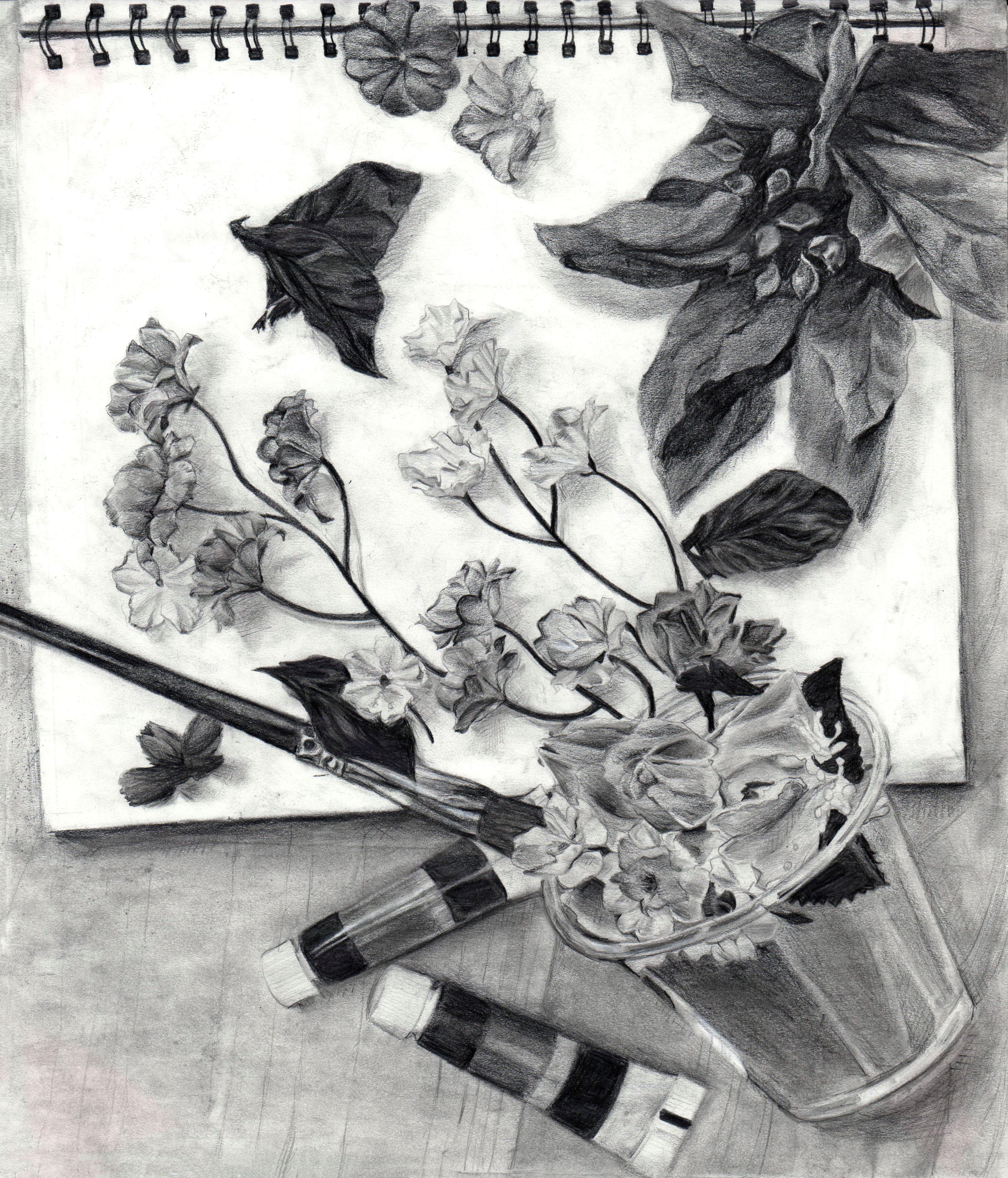 Black-and-white pencil drawing of a spilled transparent cup resting atop an opened blank page of a spiral-bound sketchbook, seen from overhead. Several flowers emerge from the cup onto the white page of the book. Some leaves and dried flowers sit on the page above the cup, and a long, dark paintbrush crosses the lower third of the page. A pair of small sealed paint tubes rest at odd angles on the tabletop, just below the sketchbook page.