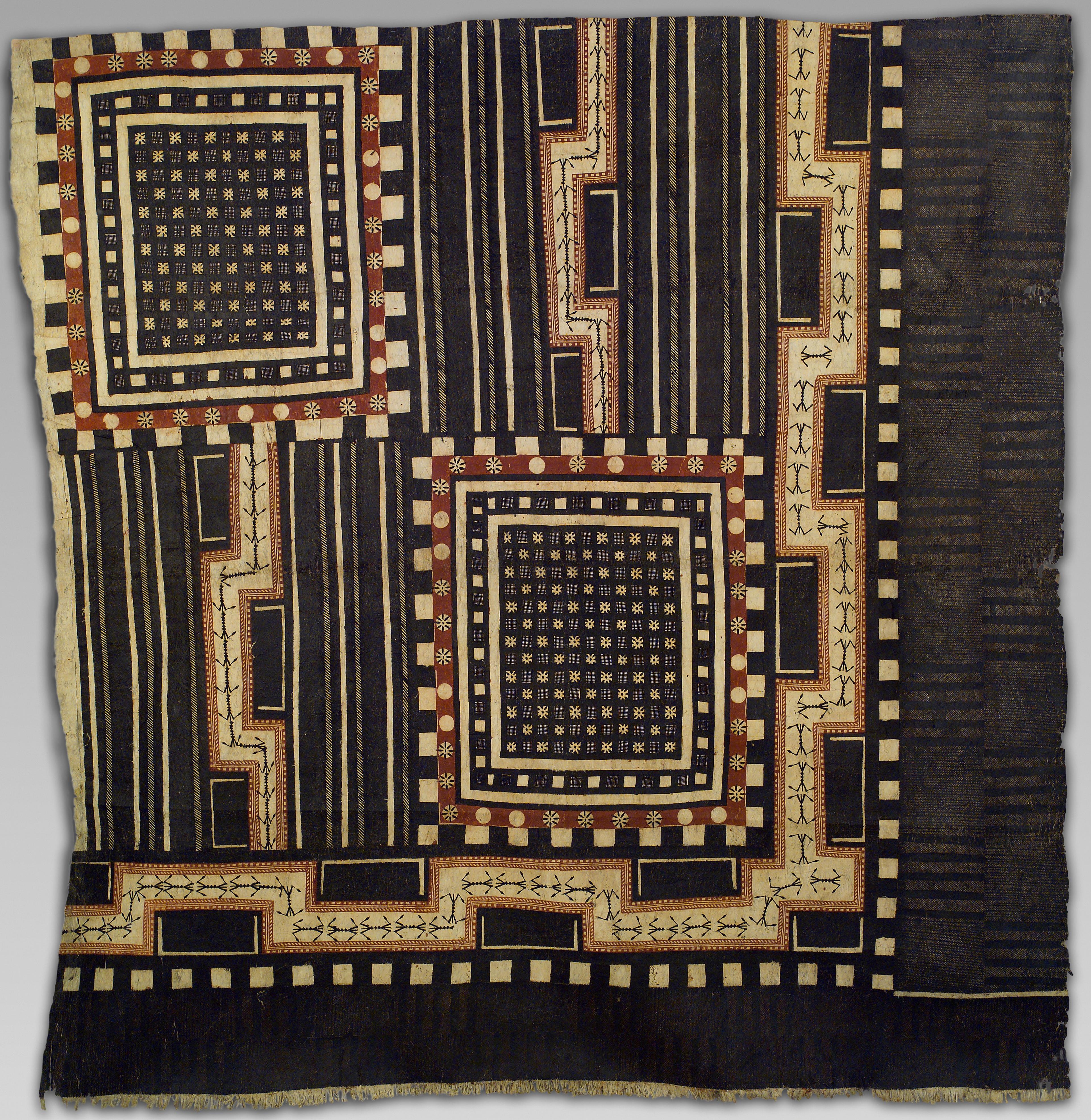 Two square medallions with grids of star motifs, framed by checkered and dotted borders, sit on vertical stripes. Stepped bands of small stick-figure motifs zigzag around them, and a dark striped panel runs along the right edge.”