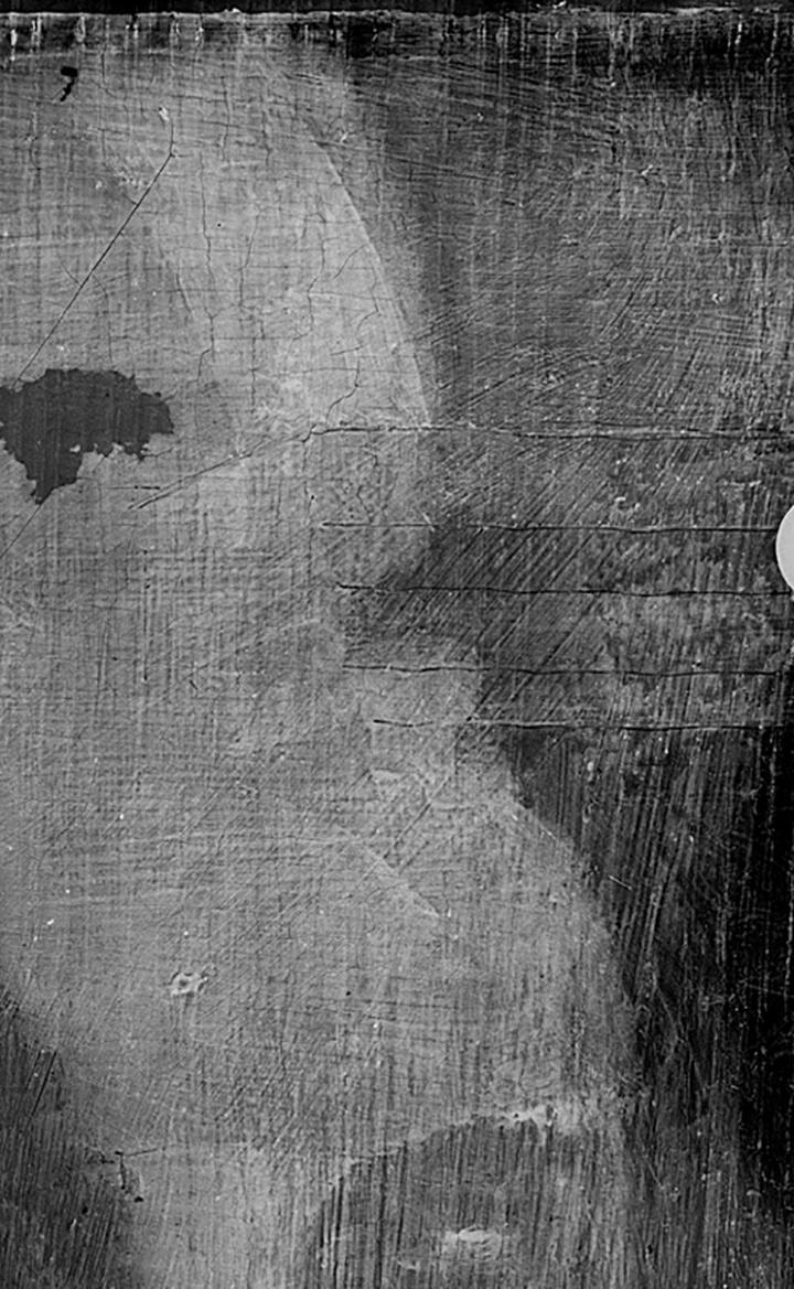 Detail from the X-radiograph of The Met panel showing the incised lines