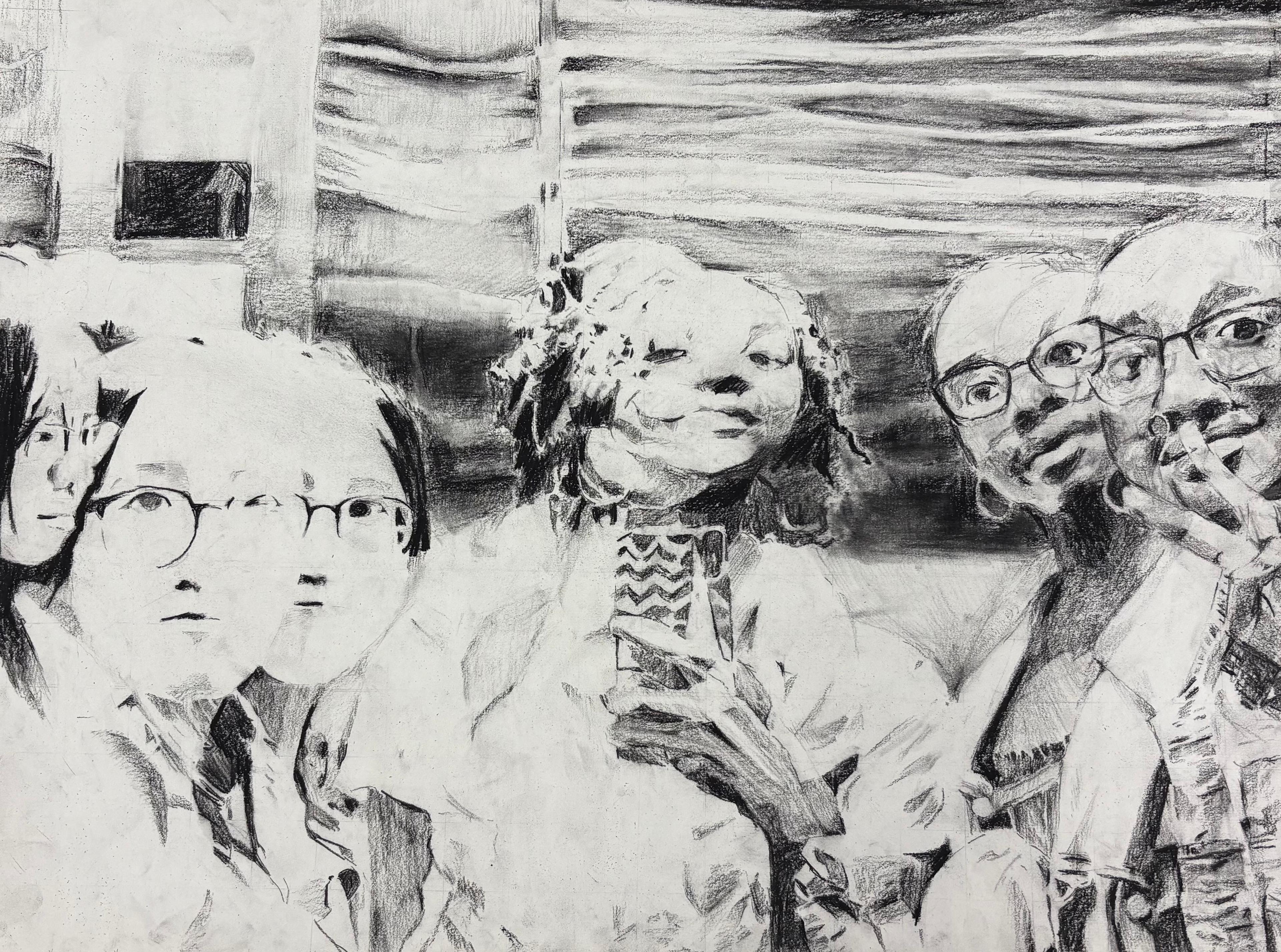 Black and white drawing depicting multiple exposures of three girls taking a cell-phone selfie in a mirror.