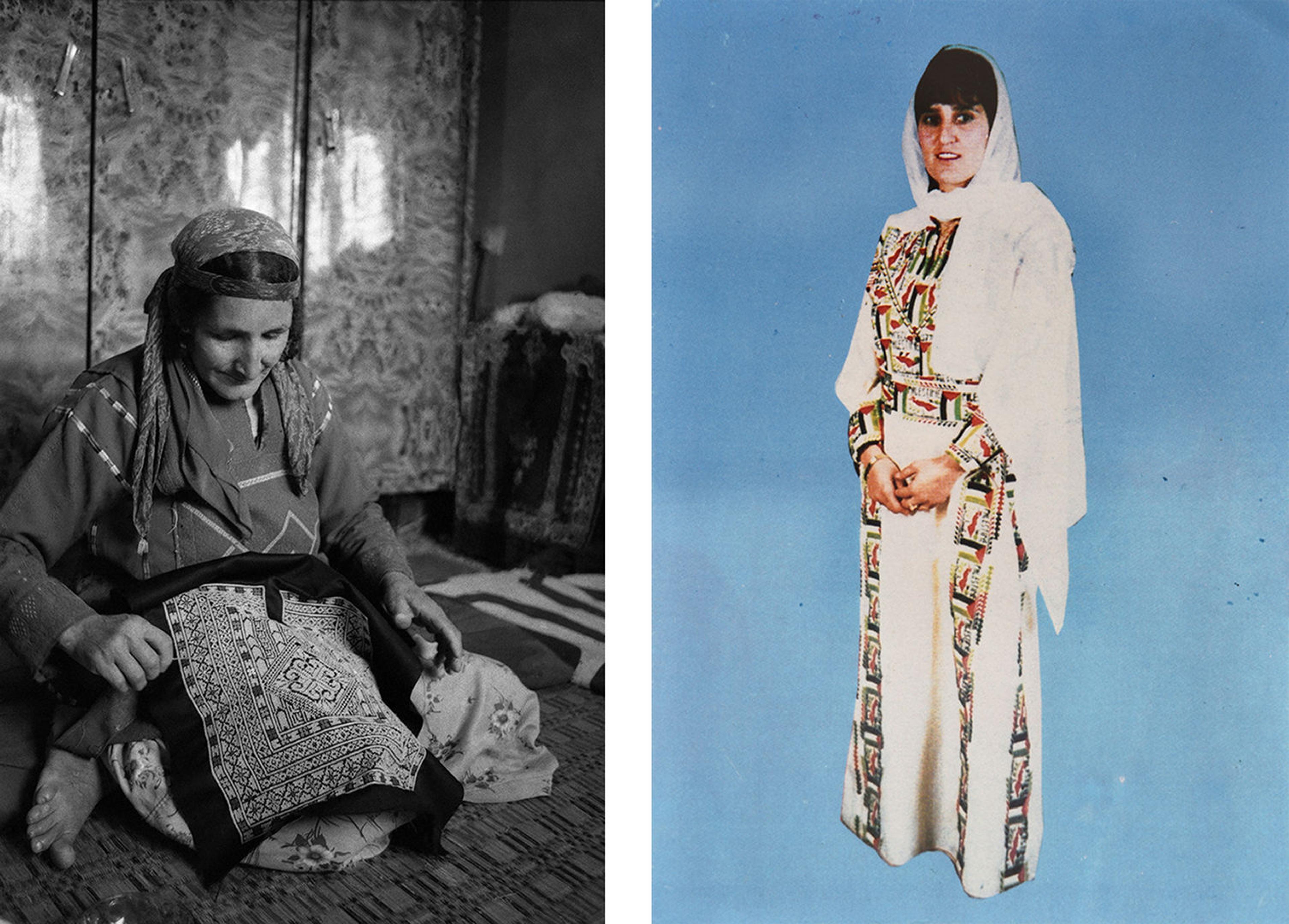 At left, black-and-white photograph of a woman sitting on the floor with her legs tucked underneath her. In her lap, she is she embroidering part of a thobe. At right, photograph of a woman in a white thobe accented with motifs of the Palestinian flag.