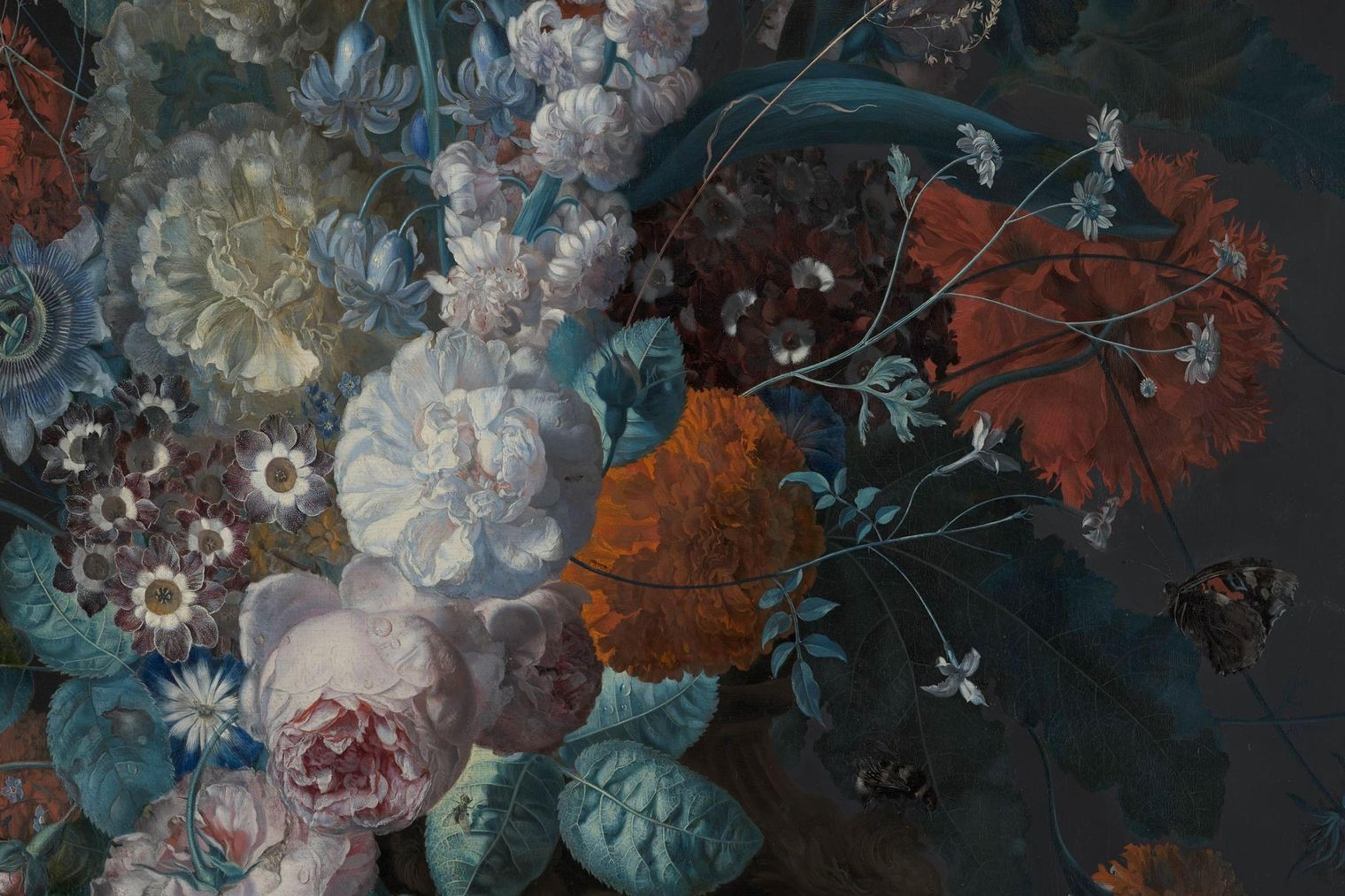 Detail view of flowers and a butterfly in Margareta Haverman's "A Vase of Flowers"