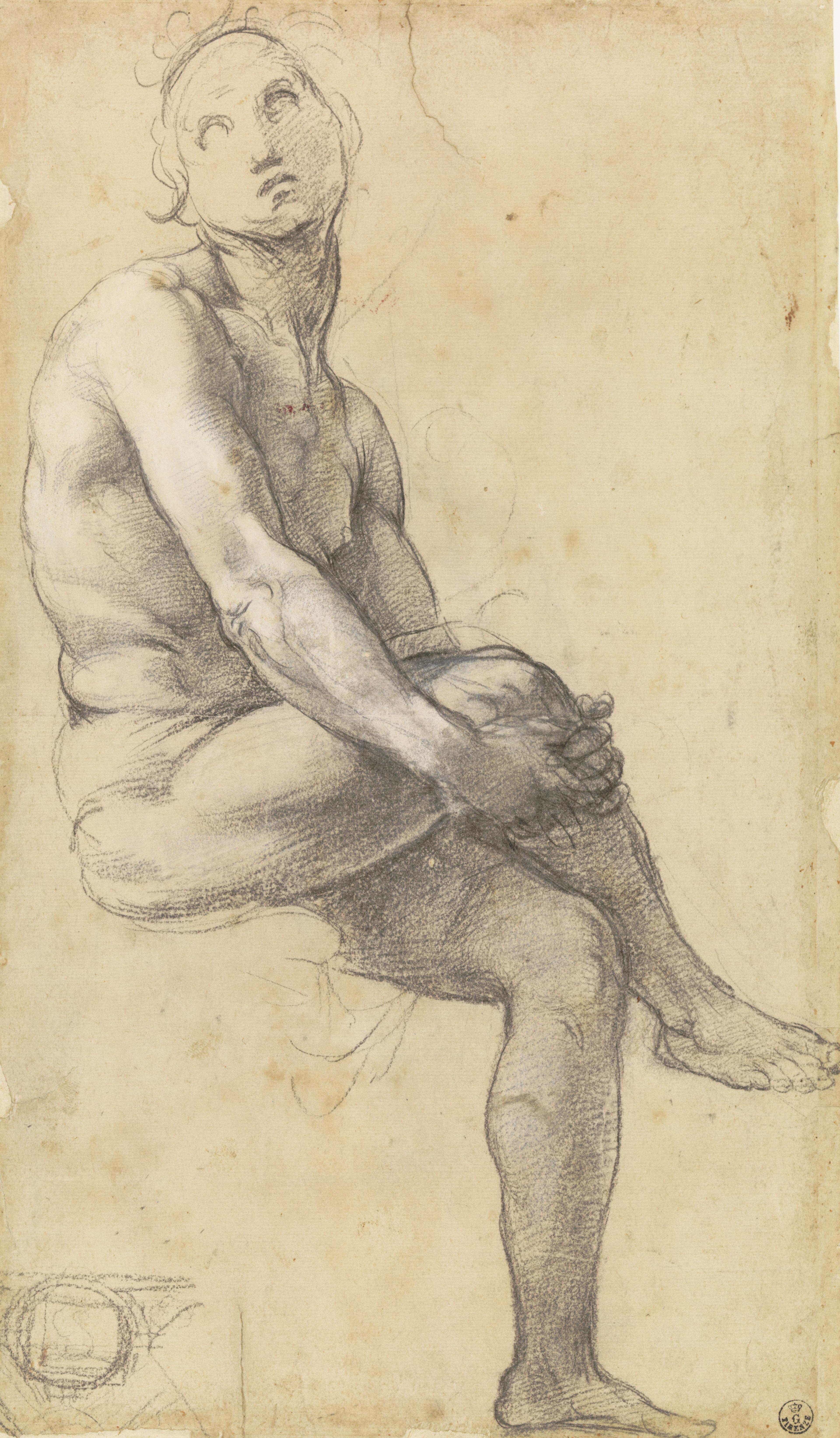 Black drawing of a naked man with his legs crossed holding his knee with both of his hands.