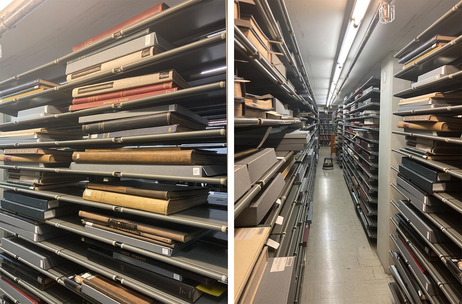 Left: close-up of folios on the shelves; right: long aisle of folios