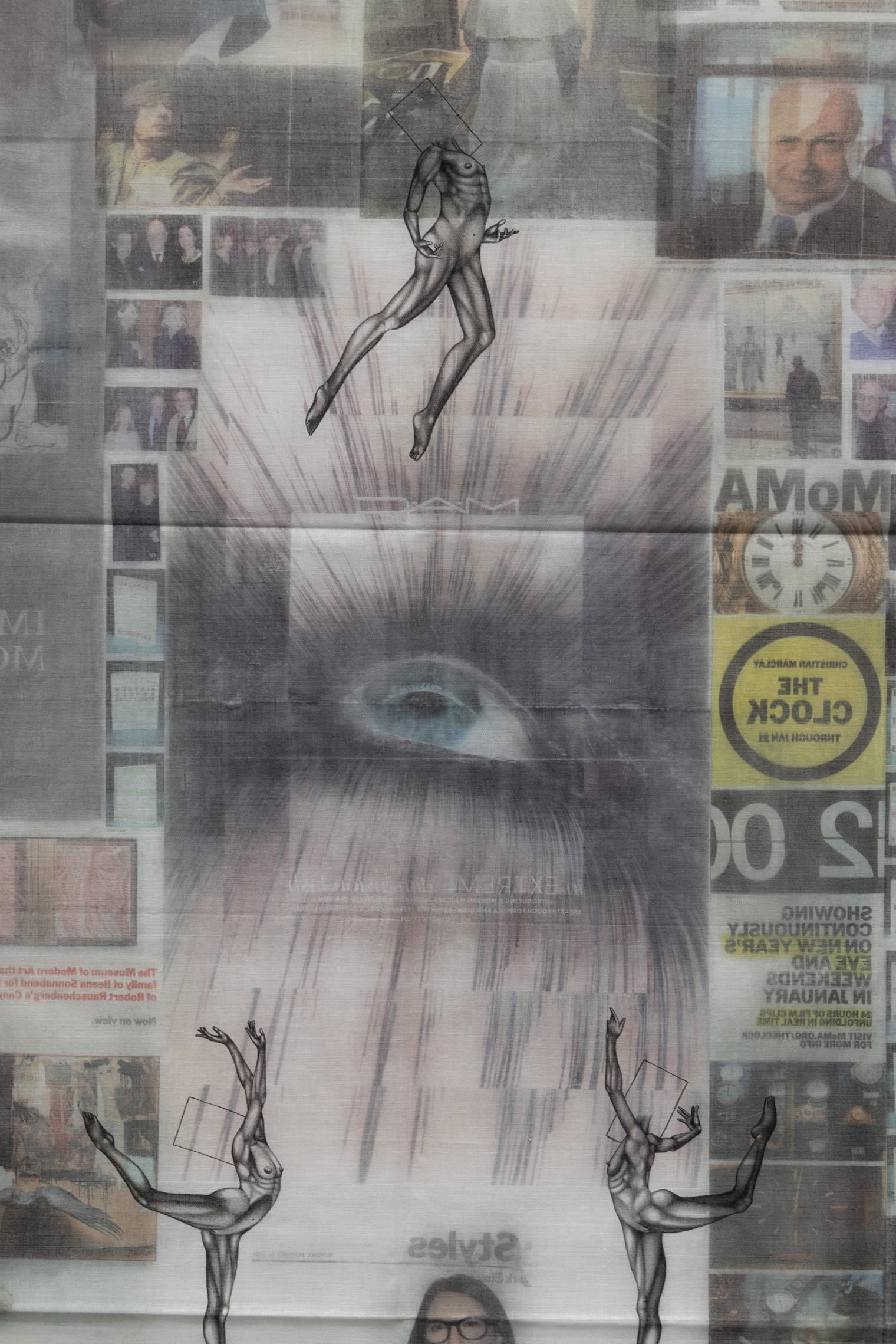 Surreal collage of black and white dancers with box heads overlaid on vintage photos and a large blue eye in the center. The tone is dreamlike.