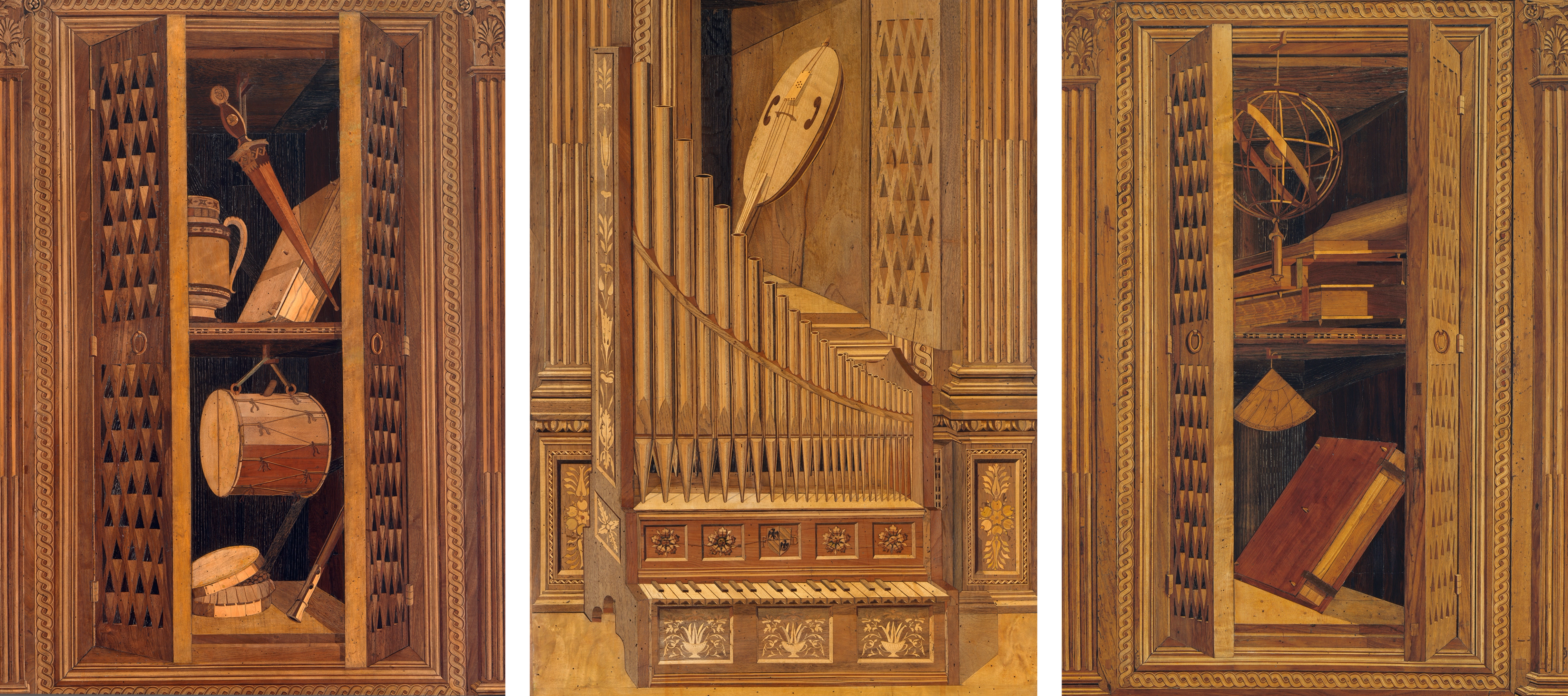 Triptych of detail views from the Gubbio Studiolo. At left, two panels open to reveal a musical instruments, scientific devices, and books in exquisite detail.