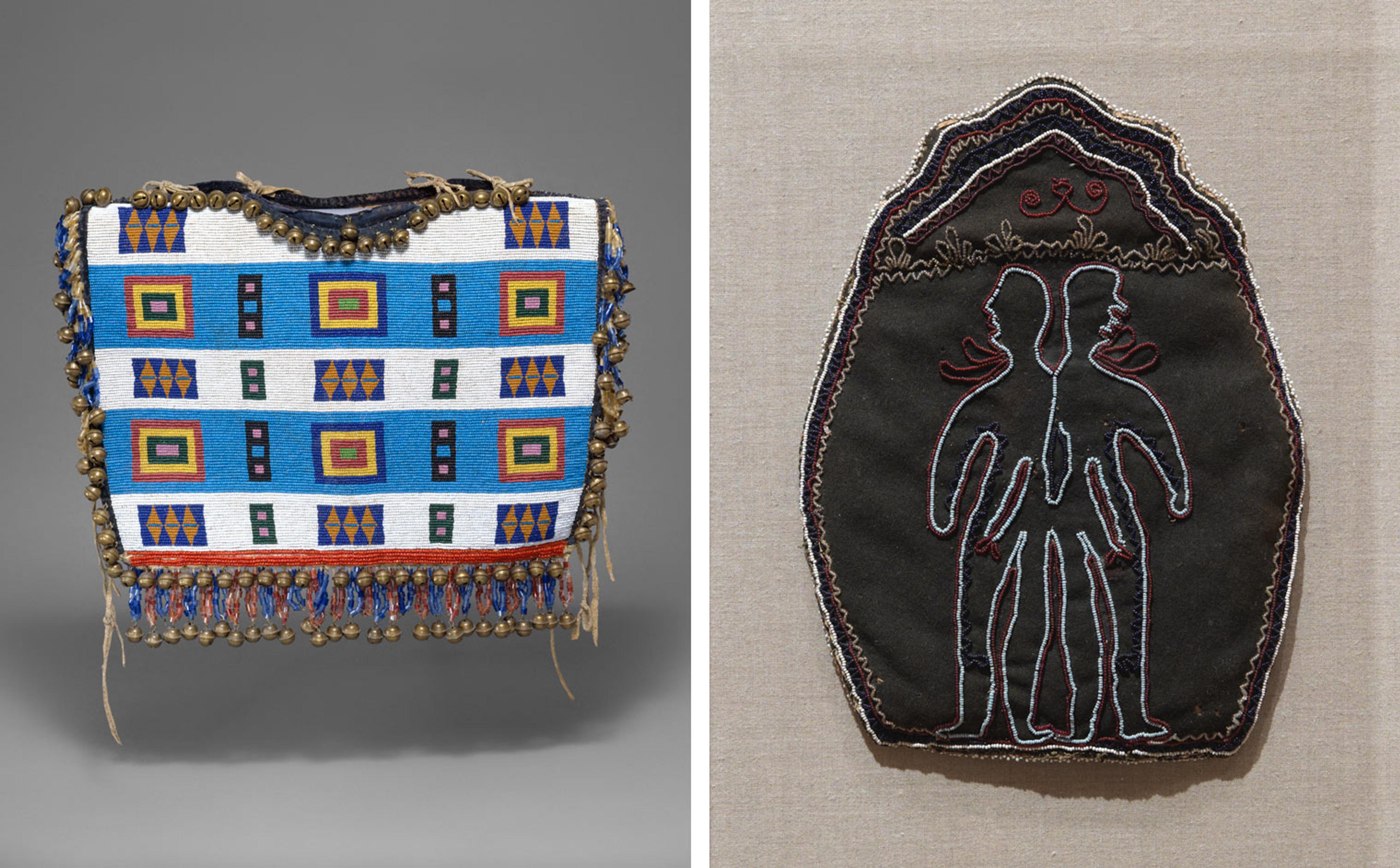 At left, a girl's cape made by the Stoney tribe of Canada in the late nineteenth century; at right, a Native American pouch from the early nineteenth century made by the Haudenosaunee/ Iroquois tribes